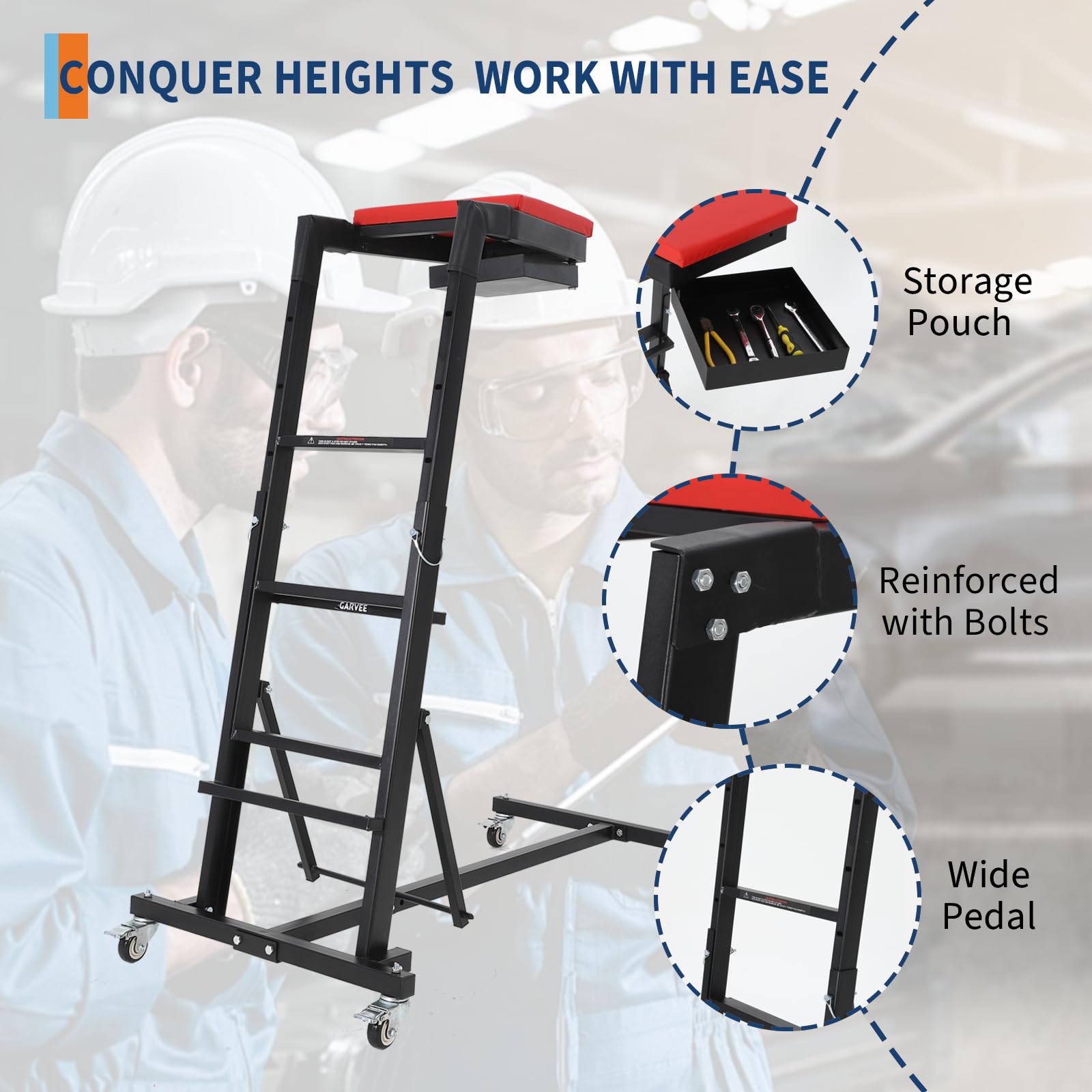 Garvee Heavy-Duty Foldable Automotive Engine Creeper, Adjustable Height 45" to 66", 400 lbs Capacity, 4 Brake Wheels, Storage Tray, and Padded Deck for Auto Repair & Trucks