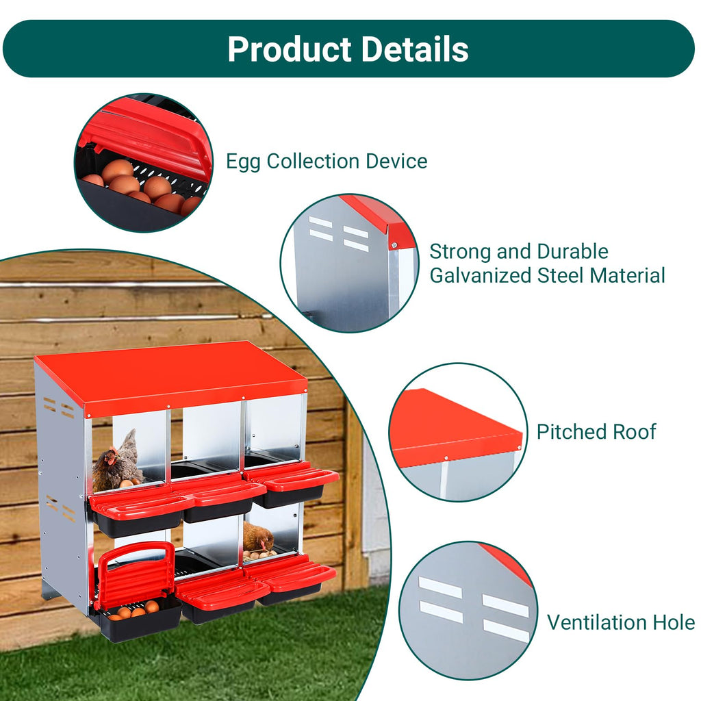 Garvee 6-Compartment Chicken Nesting Box, Roll-Away Egg Collection Box with Perch, Protective Lid & Removable Trays, Wall-Mount Coop Nest Box, Red