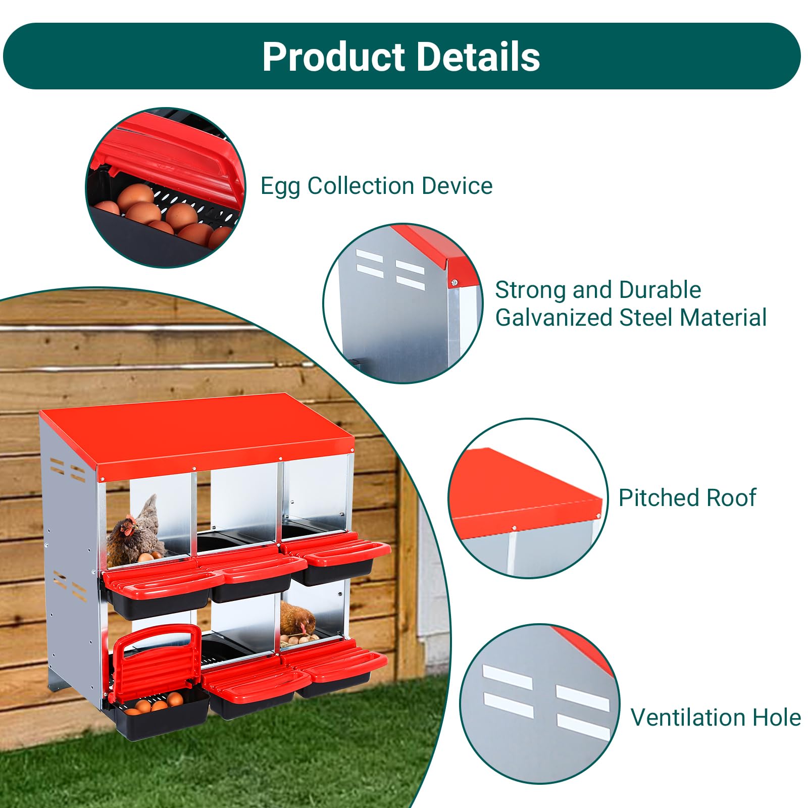 Garvee 6-Compartment Chicken Nesting Box, Roll-Away Egg Collection Box with Perch, Protective Lid & Removable Trays, Wall-Mount Coop Nest Box, Red
