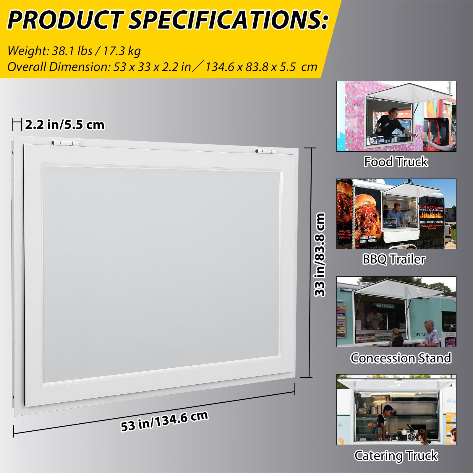 Garvee Concession Window with Awning, 53"W x 33"H, Double-Point Fork Lock, Aluminum Frame, Hydraulic Lift Struts, Food Truck/Trailer