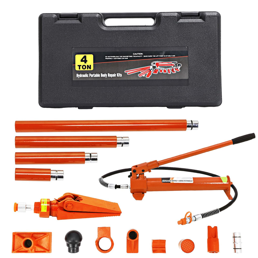Garvee 4 Ton Porta Power Kit Heavy Duty Hydraulic Ram with Secure Transport Case for Auto Shop Frame Repair, Orange