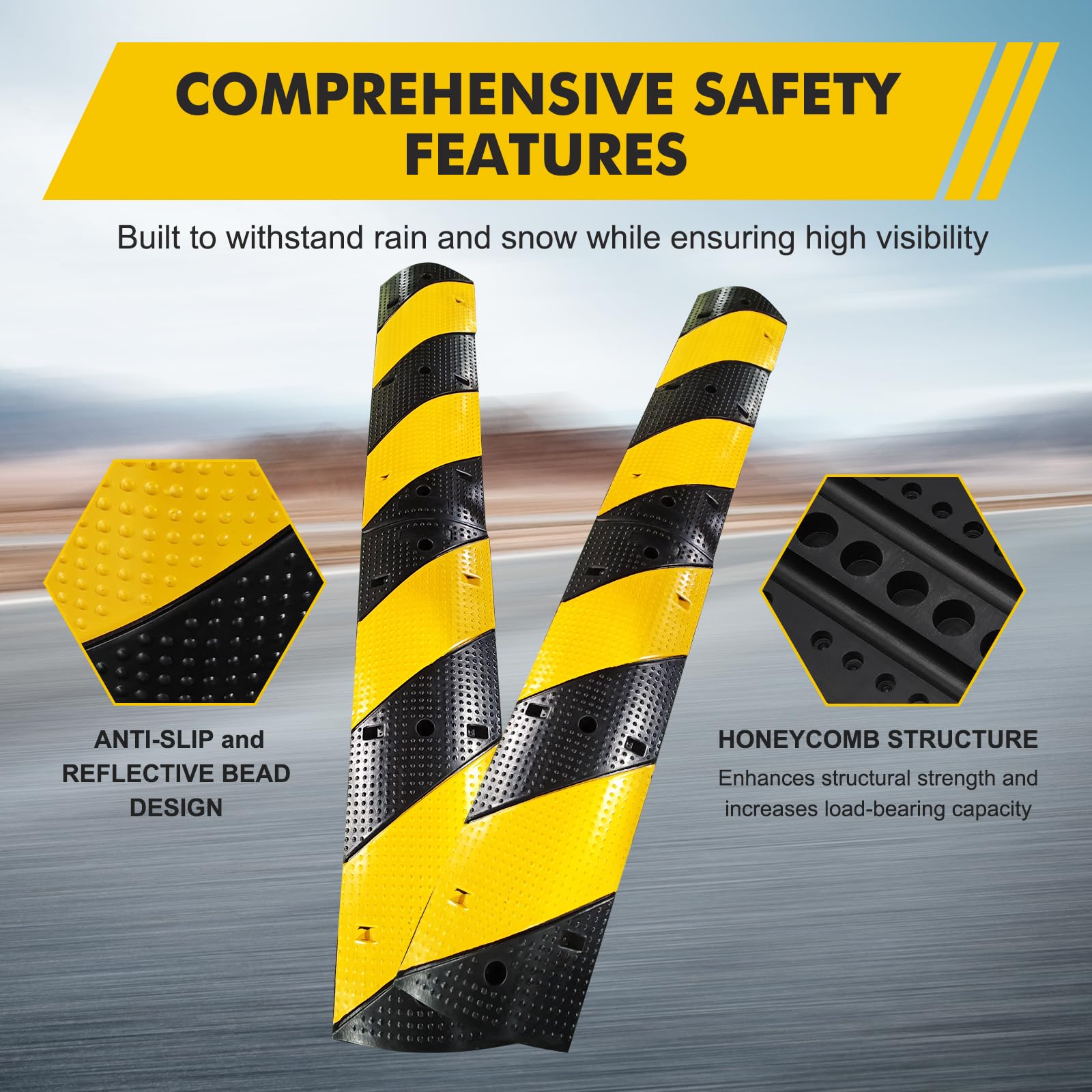 Garvee 2 Packs 3.3Ft Recycled Rubber Speed Bumps, Heavy-Duty Traffic Calming Hump with 25000 lbs Capacity, 2-Channel Modular Cable Protector Ramps for Asphalt, Concrete, Gravel Driveways, and Roads