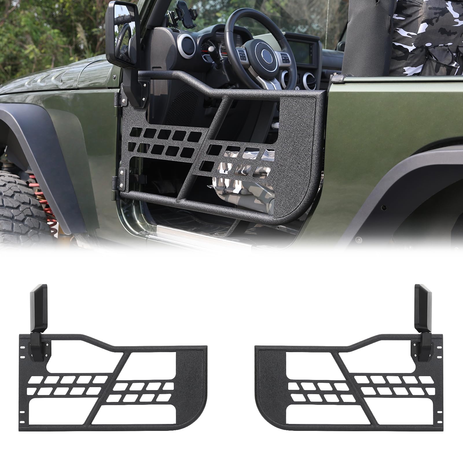 Garvee Off-Road Safari Tubular Doors with Side View Mirror Compatible with 2018-2022 Wrangler JL 2 Door - Set of 2 Fat Tube Half Doors for Adventure