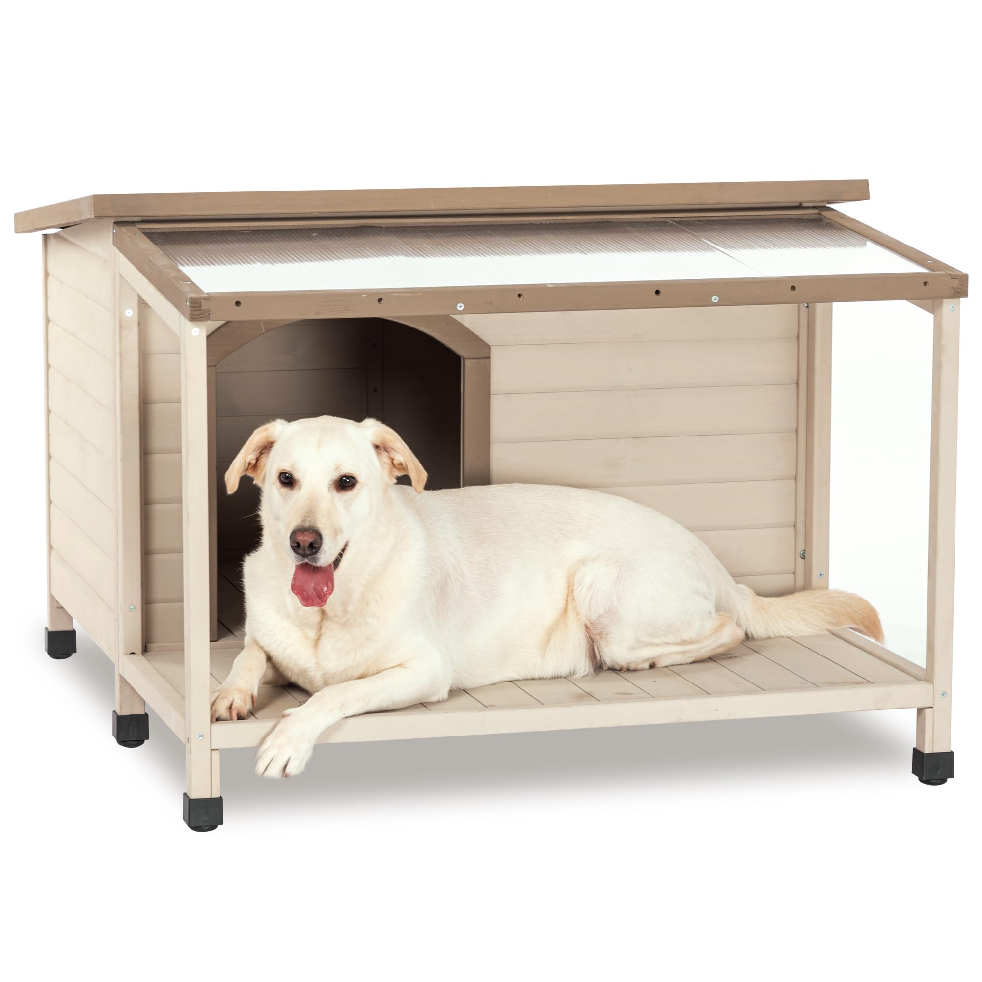 Garvee Cabin Style Pet Kennel With Asphalt Roof Weatherproof Raised Fir Wood Dog House For Outdoor Indoor Patio Yard Cream One Size