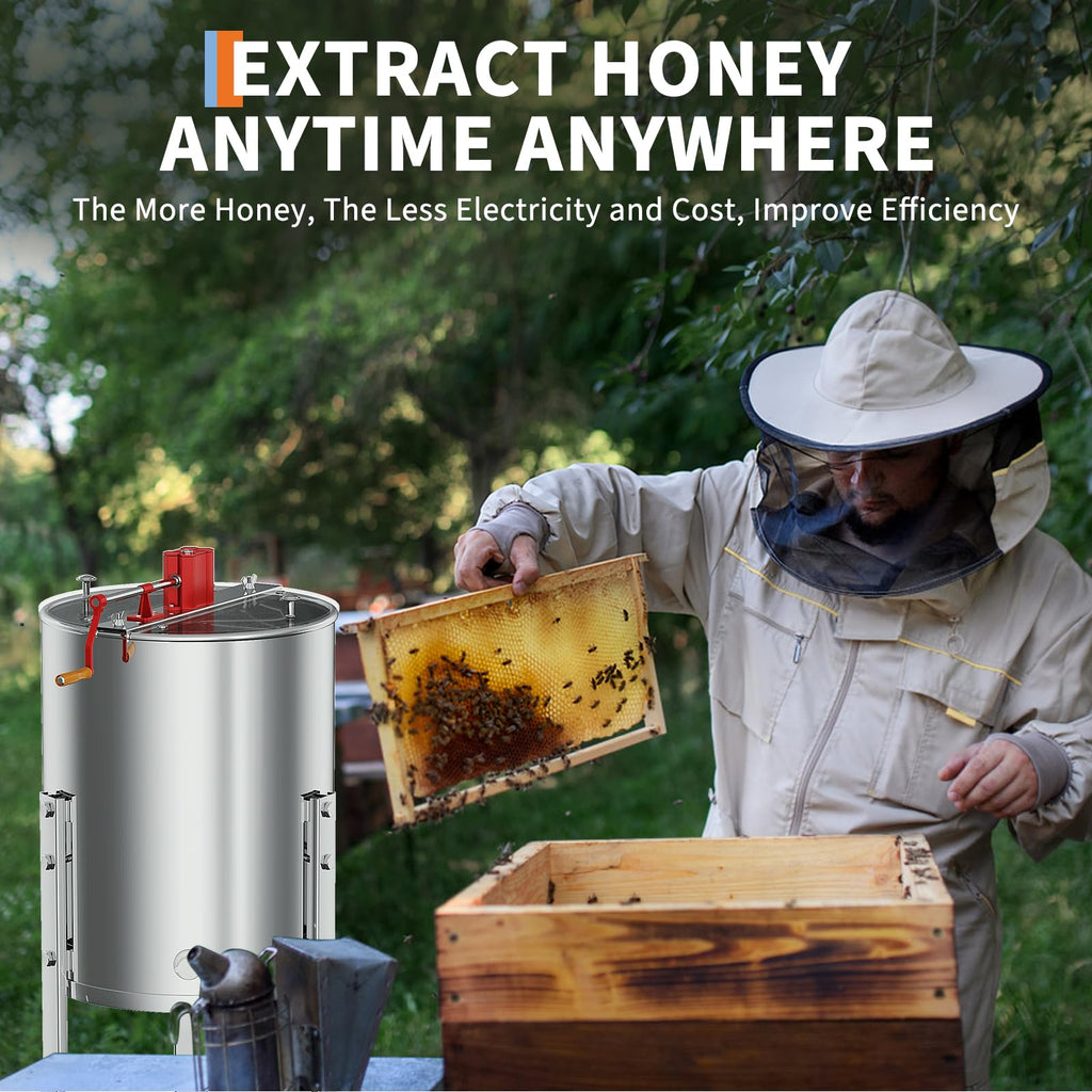 Garvee Manual 4/8 Frame Honey Extractor – Food-Grade Stainless Steel with Adjustable Stand & Transparent Lid for Small-Scale Beekeeping & Harvesting