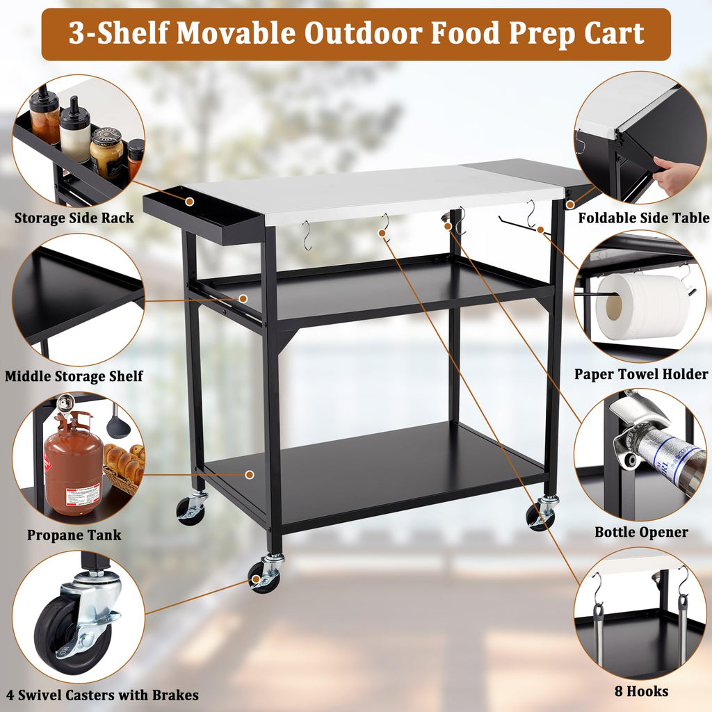 Garvee Outdoor Grill Table Cart with 4 Wheels + Stainless Steel + Movable Prep Table + Multifunctional + Metal Work Table + Side Table + Storage Rack + BBQ, Pizza Oven, Kitchen