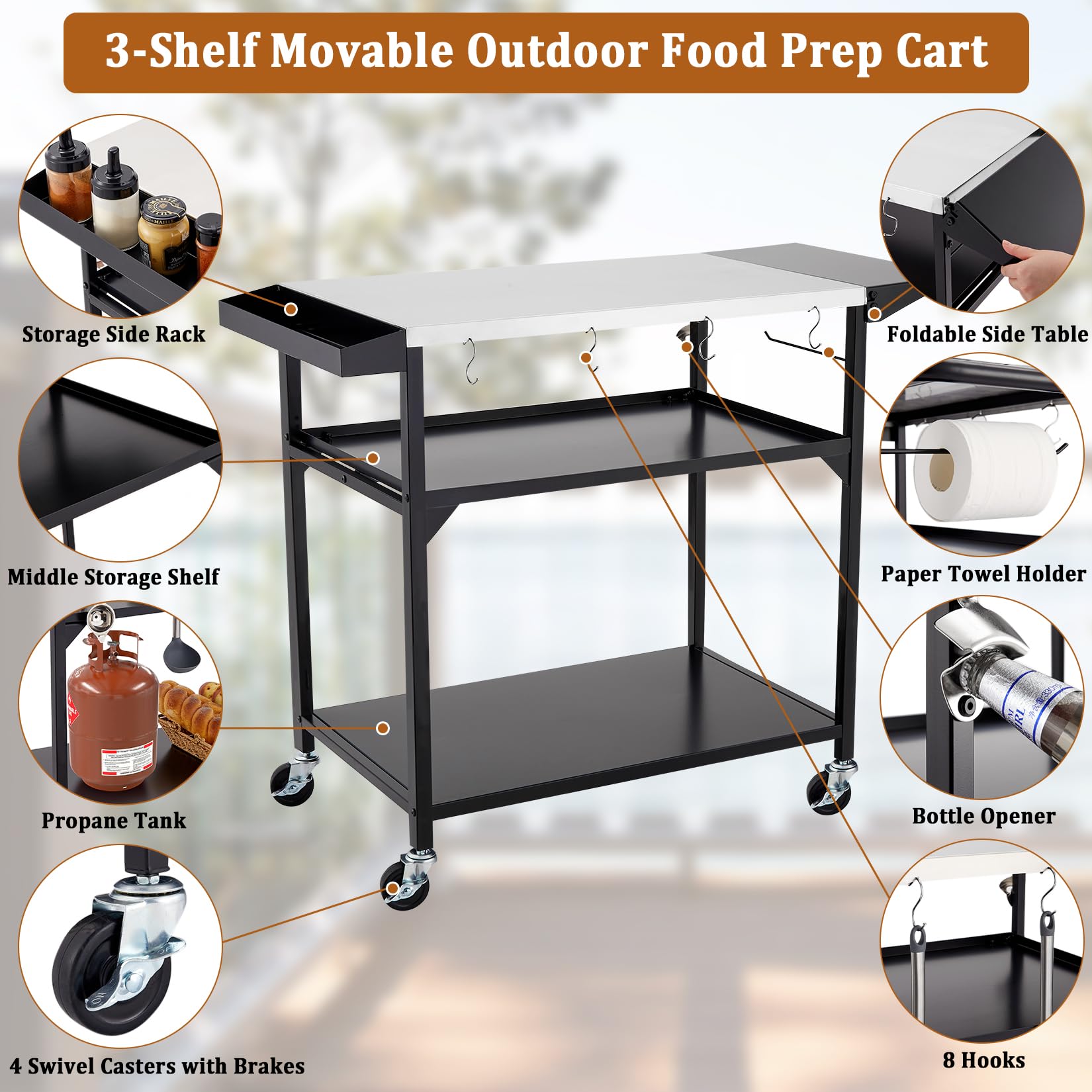Garvee Outdoor Grill Table Cart with 4 Wheels + Stainless Steel + Movable Prep Table + Multifunctional + Metal Work Table + Side Table + Storage Rack + BBQ, Pizza Oven, Kitchen