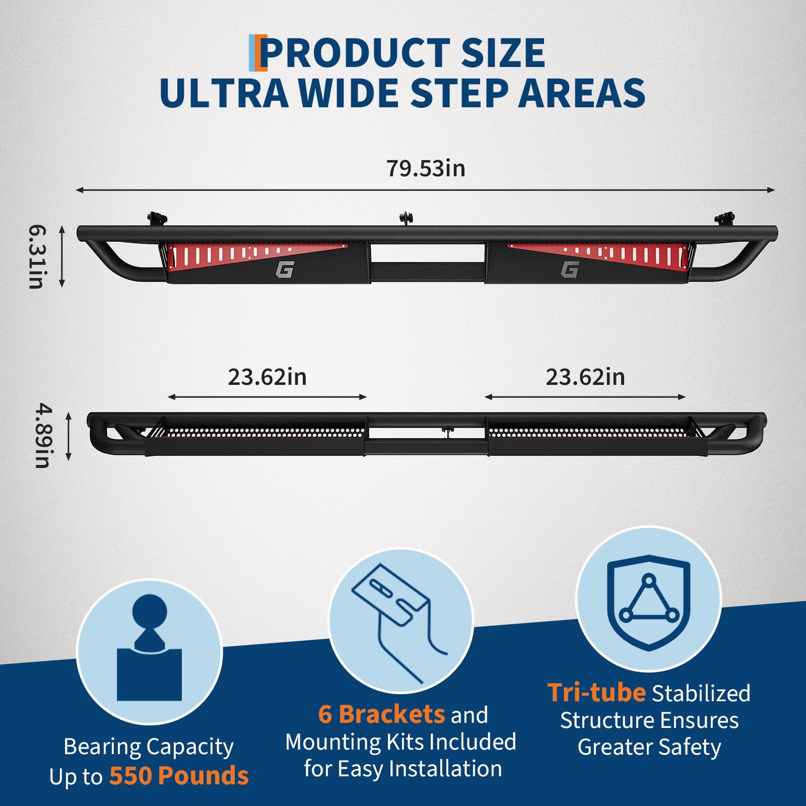 Garvee 6" Running Boards Compatible with 2005-2023 Toyota Tacoma Double Cab, Bolt-On Steel Side Steps, Black, Durable, Non-Slip, Customizable