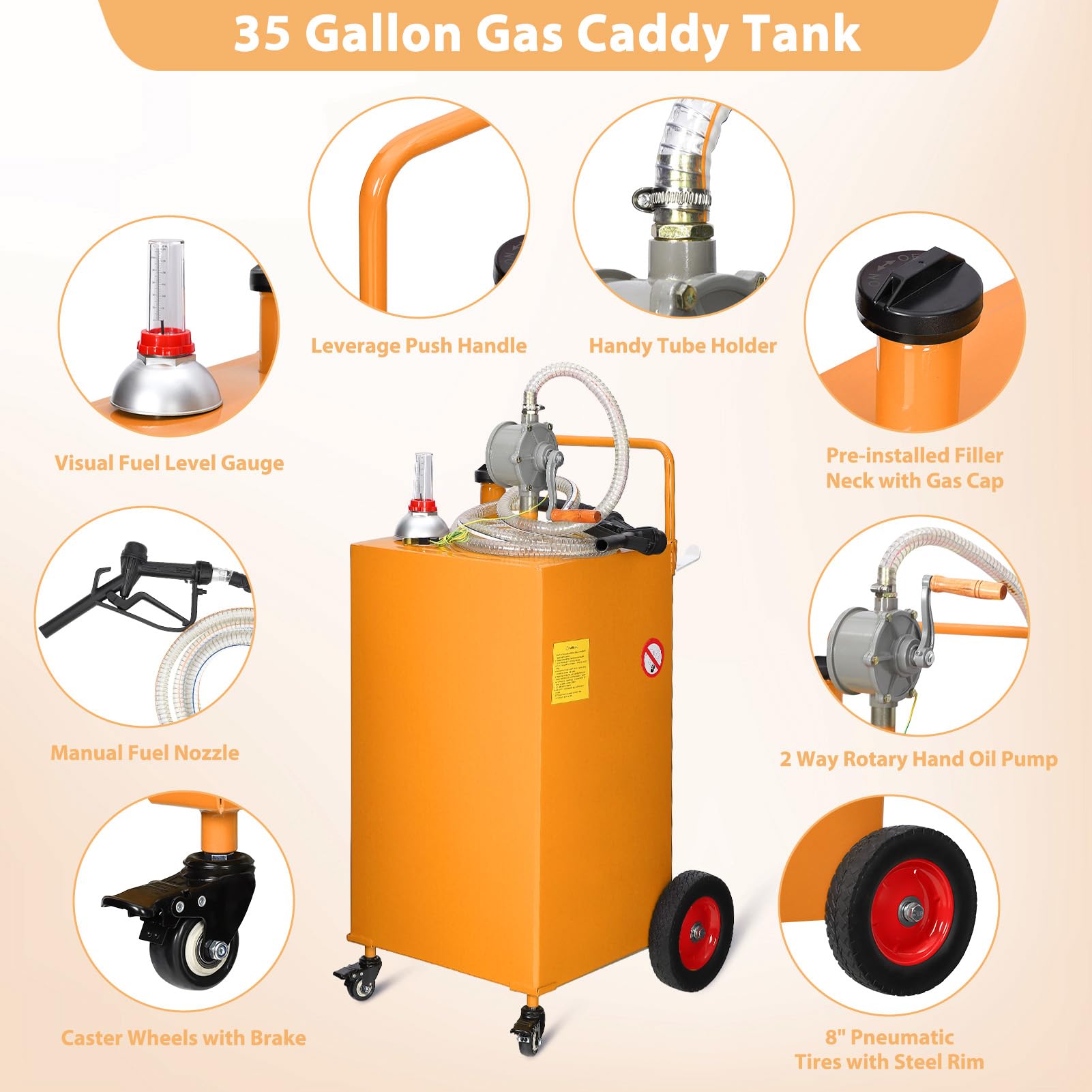 Garvee 35 Gallon Portable Fuel Caddy with Manual Pump, Heavy Duty Gasoline & Diesel Transfer Tank, Orange