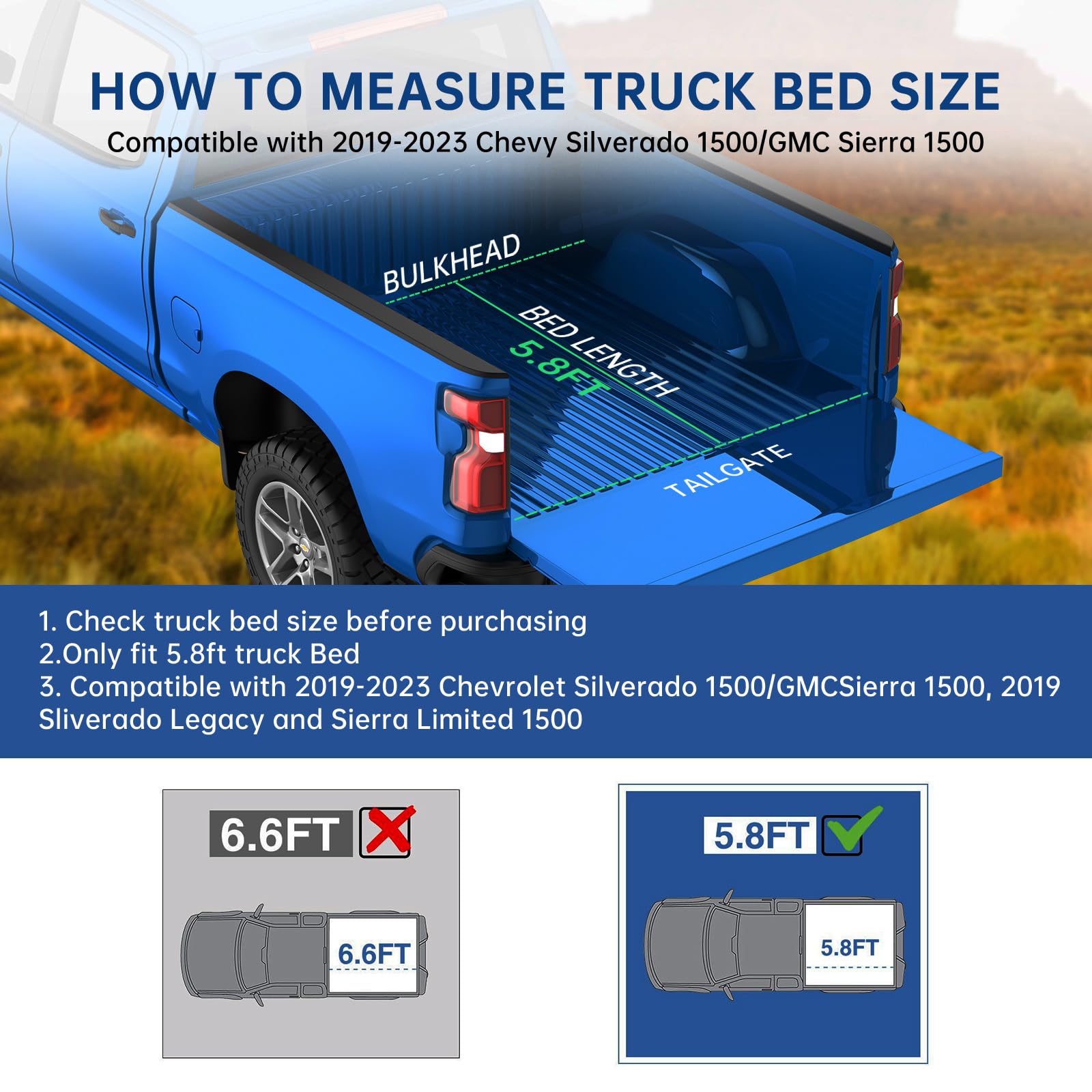Garvee 2019-2023 Silverado/Sierra 1500, Soft Tri-Fold Bed Tonneau Cover - 5.8ft Bed