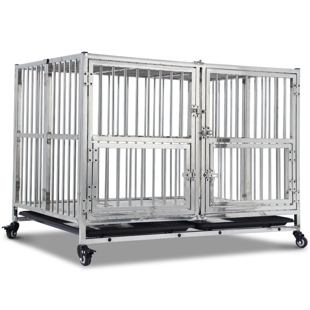 Garvee 48" Heavy Duty Dog Crate Cage Kennel with Isolation Fence, Full Stainless Steel High Anxiety Indestructible Dog Crate, Small Door Design & Removable Tray Design, Silver