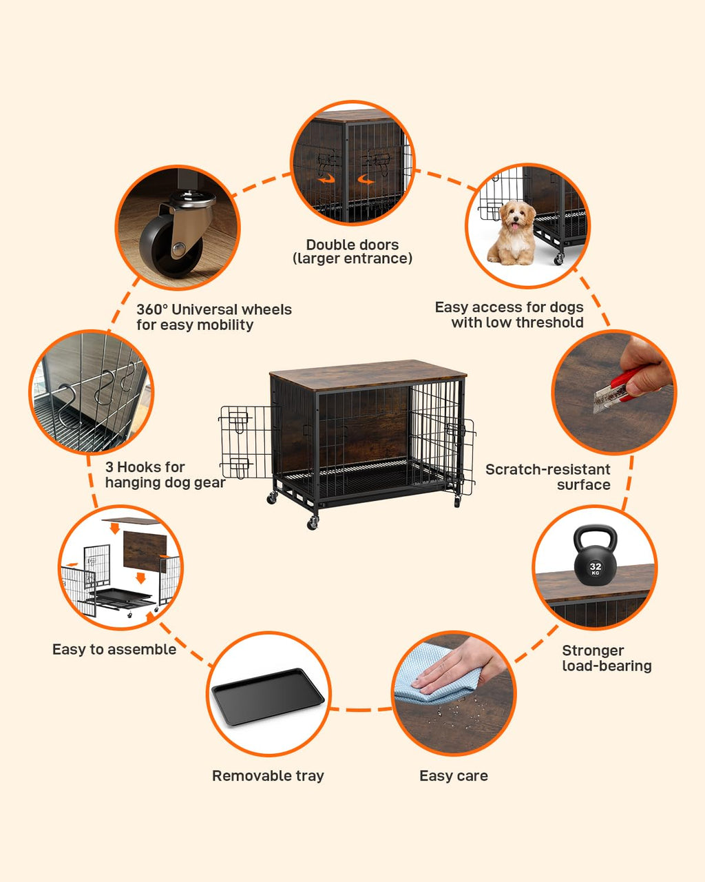 Garvee Furniture-Style Dog Crate – Deluxe Wooden Dog Kennel with Removable Tray and Wheels, Heavy-Duty Double-Doors 32.5" Dog Cage End Table, Indoor Dog House for Large Dogs, Brown