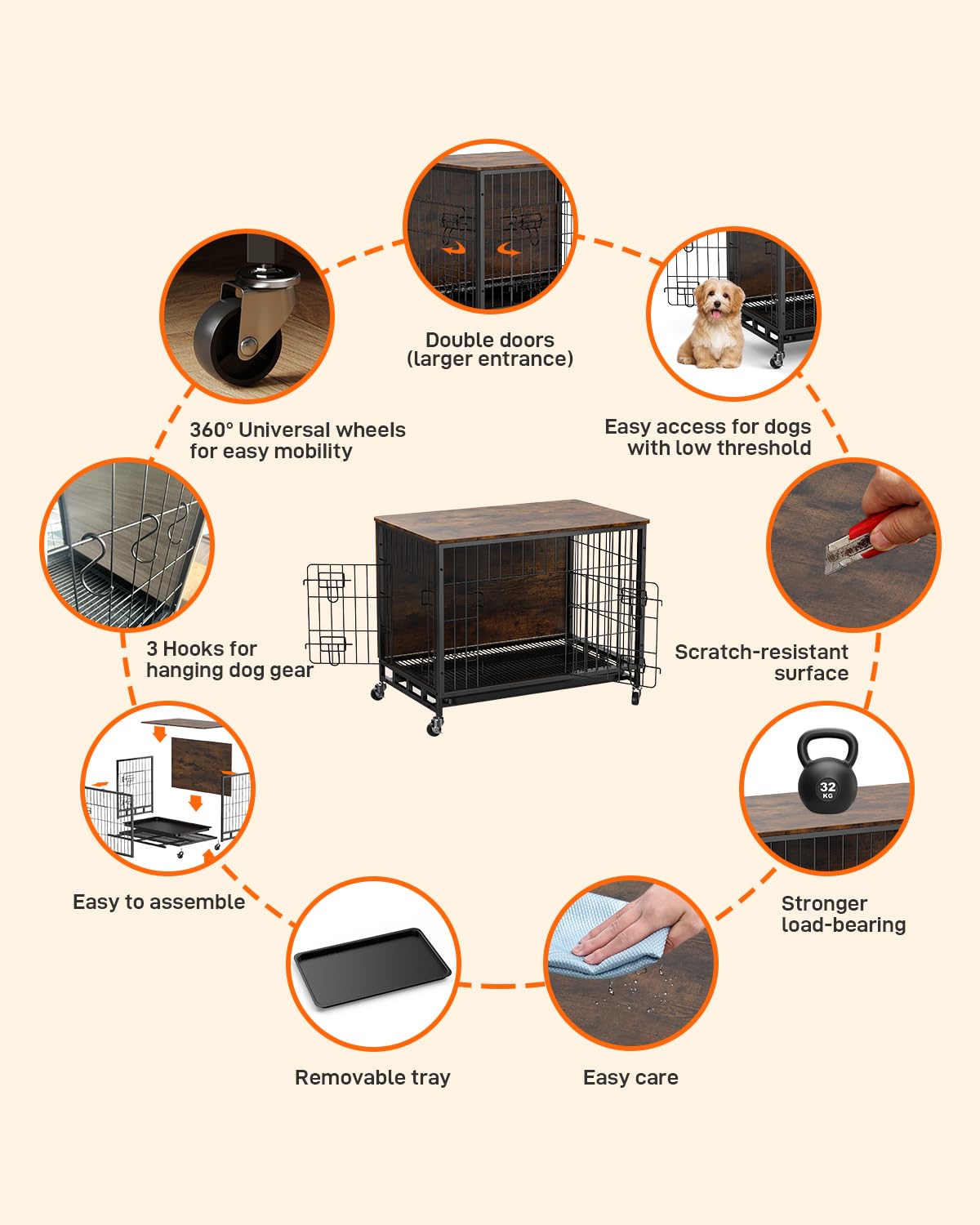 Garvee Furniture-Style Dog Crate – Deluxe Wooden Dog Kennel with Removable Tray and Wheels, Heavy-Duty Double-Doors 32.5" Dog Cage End Table, Indoor Dog House for Large Dogs, Brown