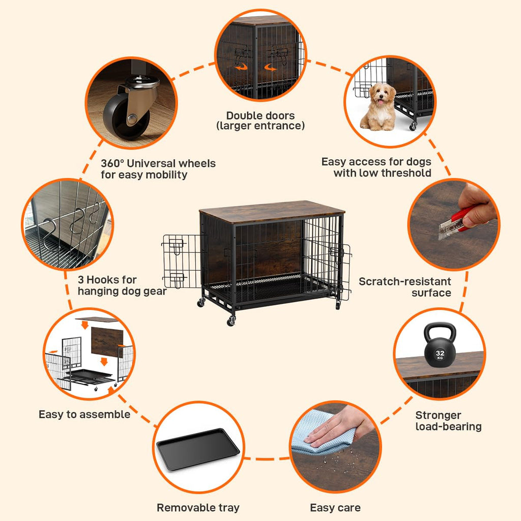 Garvee Dog Crate Furniture, Furniture Style Dog Crate with Removable Tray and Wheels, Heavy-Duty Double-Doors Dog Cage End Table, 27.2" Wooden Dog Kennel, Indoor Dog House, Brown