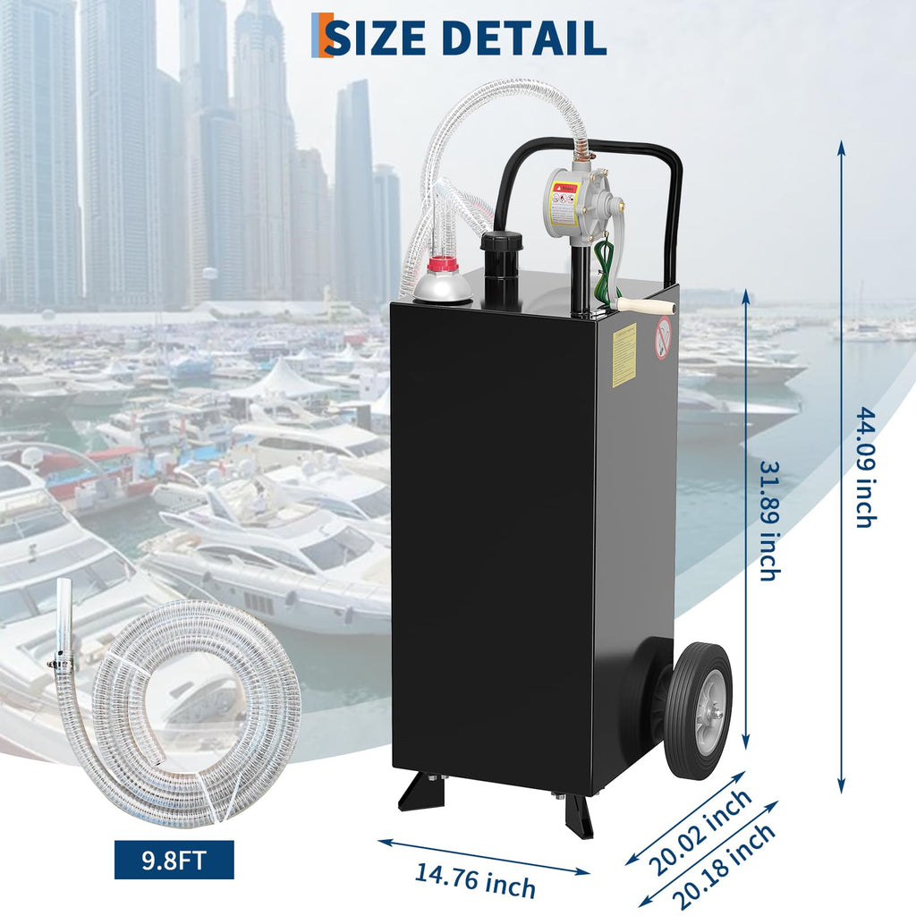 Garvee 30 Gallon Fuel Caddy with Manual Pump, 9.8 ft UV-Resistant Hose Tank Gauge Ground Clamp 2 Wheels, Portable Gas Diesel Tank for Car Boat ATV Lawn Mower, Black