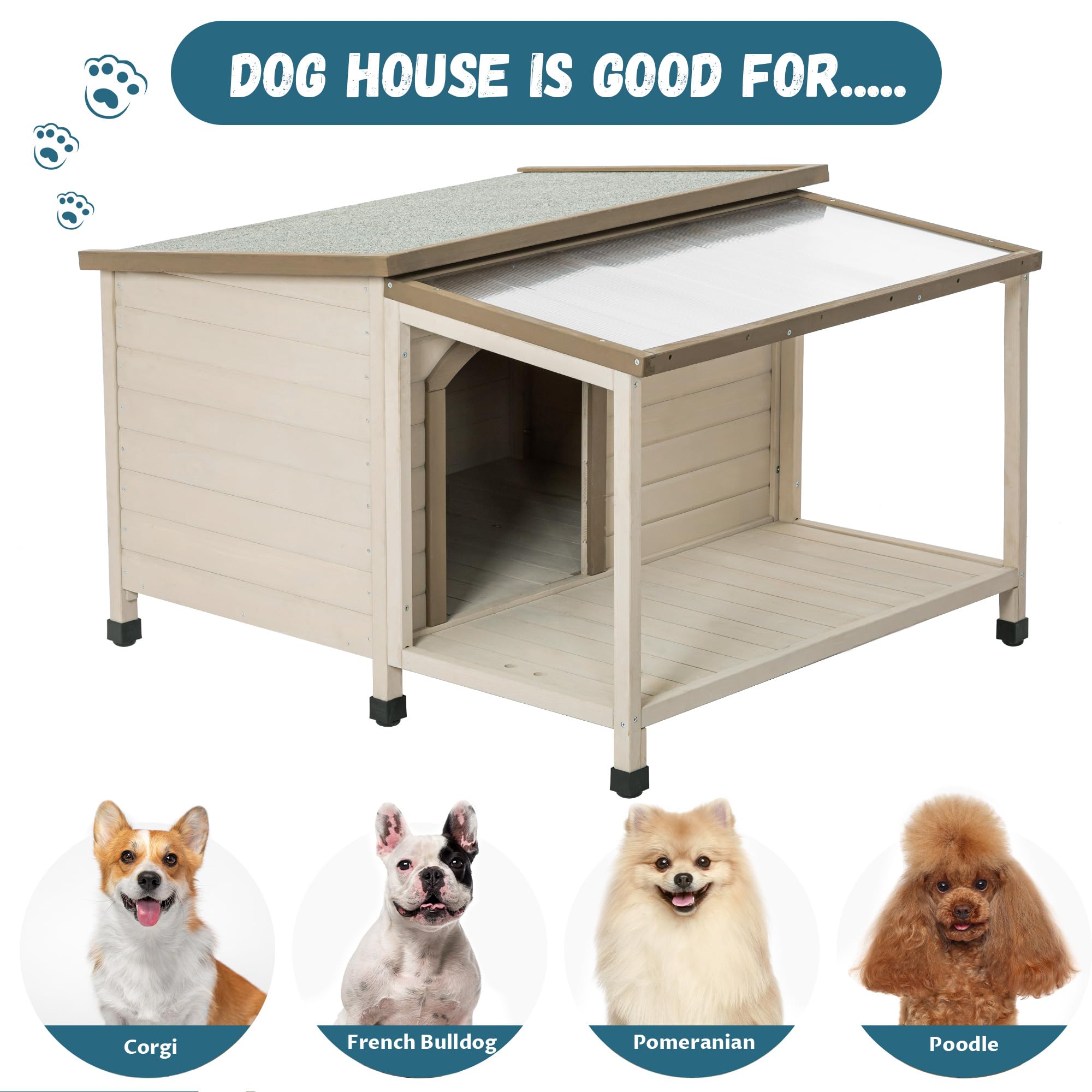 Garvee Cabin Style Pet Kennel With Asphalt Roof Weatherproof Raised Fir Wood Dog House For Outdoor Indoor Patio Yard Cream One Size