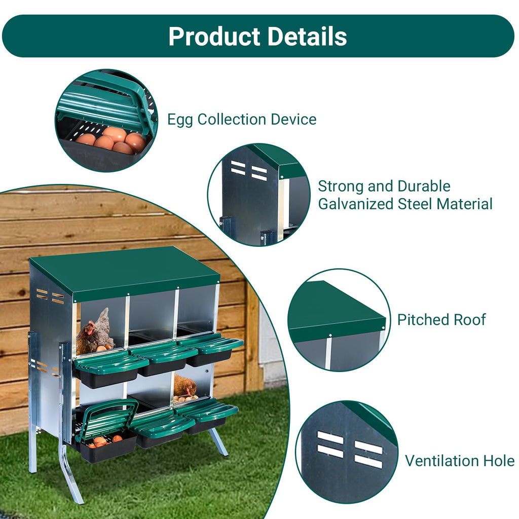 Garvee Nesting Boxes for Chickens, 6 Compartment Roll Away Nesting Box with Egg Collection, Perch, Lid Cover for Egg Protection, Wall Mount/Free Standing Nest Box for Chickens