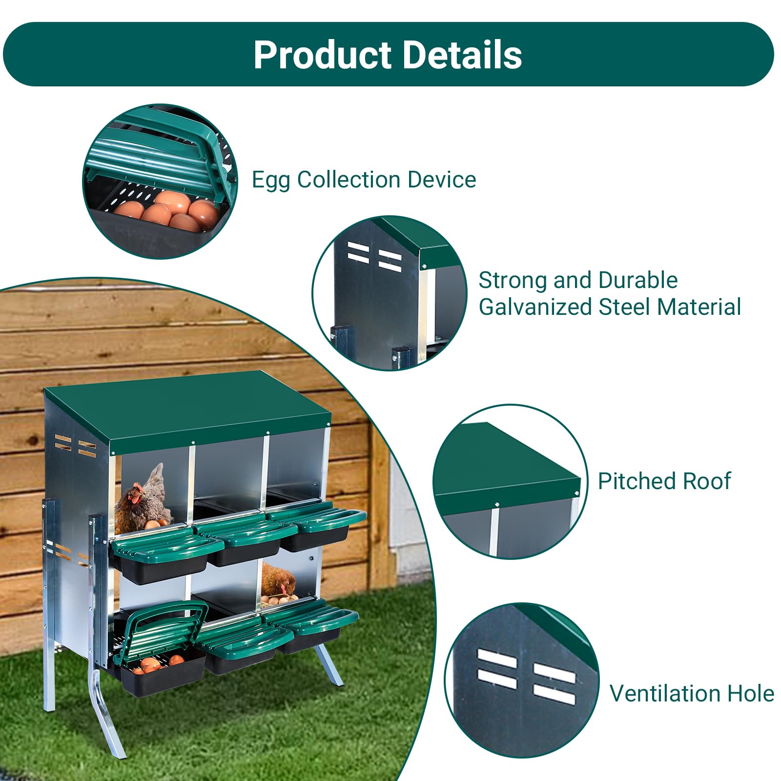 Garvee Nesting Boxes for Chickens, 6 Compartment Roll Away Nesting Box with Egg Collection, Perch, Lid Cover for Egg Protection, Wall Mount/Free Standing Nest Box for Chickens