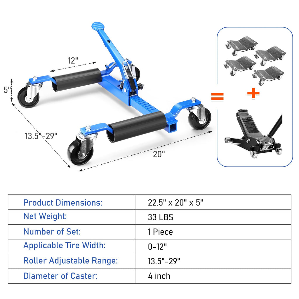 Garvee Mechanical Wheel Dolly Reinforced Steel 1500 lbs Capacity 12" Wheel Clearance Rust-Resistant Powder Coating