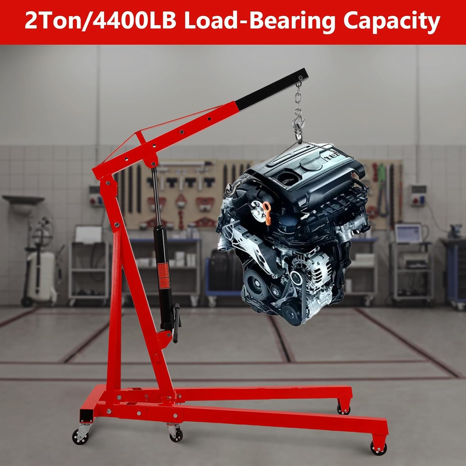 Garvee 2 Ton Engine Hoist Hydraulic Foldable Crane Mobile Cherry Picker for Garage Workshops Auto Repair, 4400 LB, Red