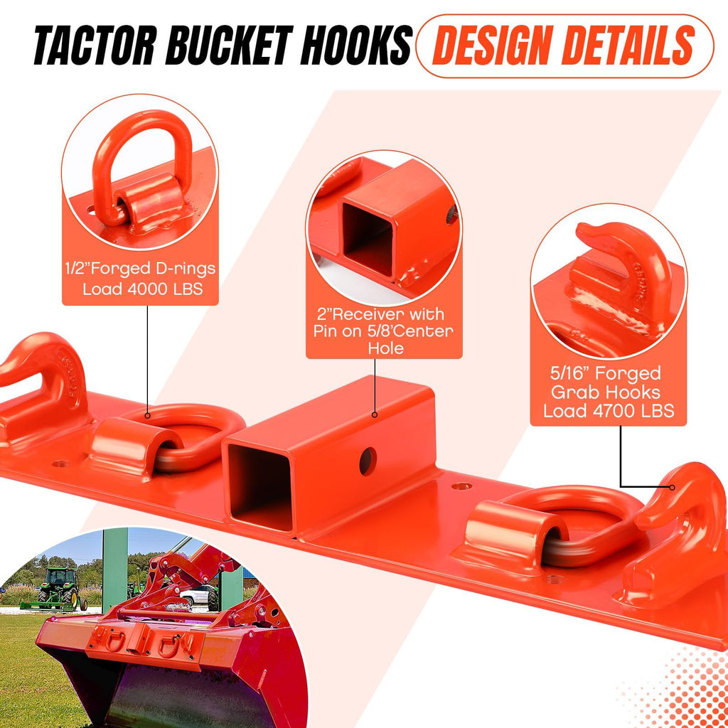Garvee Tractor Bucket Grab Hooks Heavy Duty Bolt On 2" Receiver Compatible Compact Tractor 1025R 2320 2520 2720 2025R 2032R 2038R 3032E 4100Z Orange