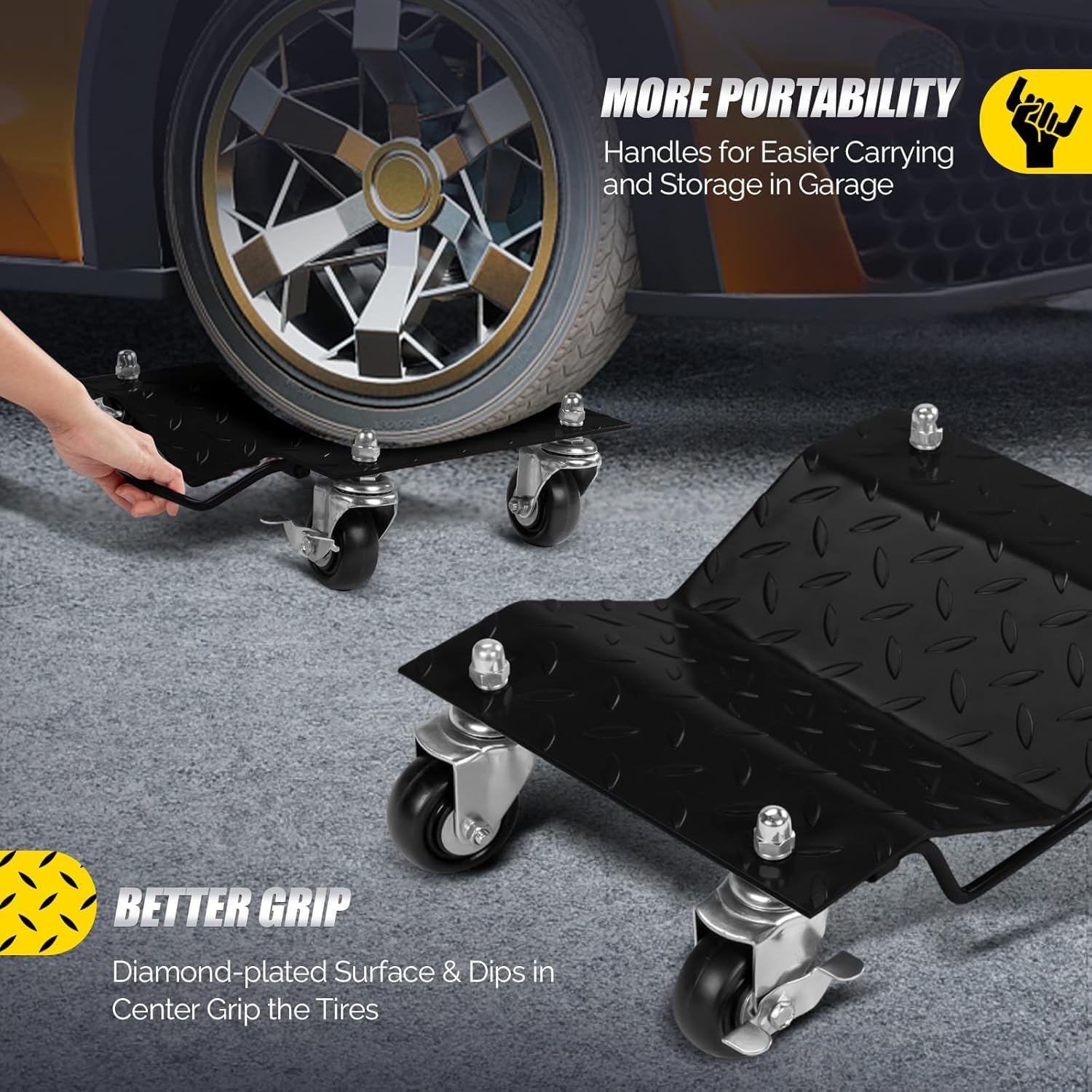 Garvee 4 Items 4 Tire Wheel Dolly Car, Premium Manganese Steel, 6000 Lbs Capacity, Heavy Duty, Antiskid & Recessed Design, 360° Rotatable Wheels, Black