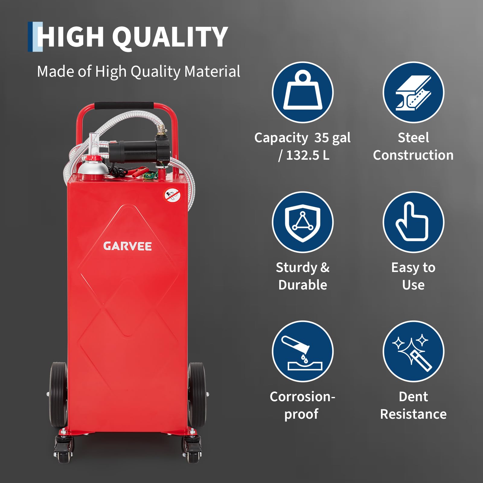 Garvee 35 Gallon Fuel Caddy with 12V Electric Pump, Heavy Duty Portable Diesel Storage Tank, 4 Wheels, Lockable Cap, Red for Cars Boats ATVs Lawn Mowers (Diesel Only)