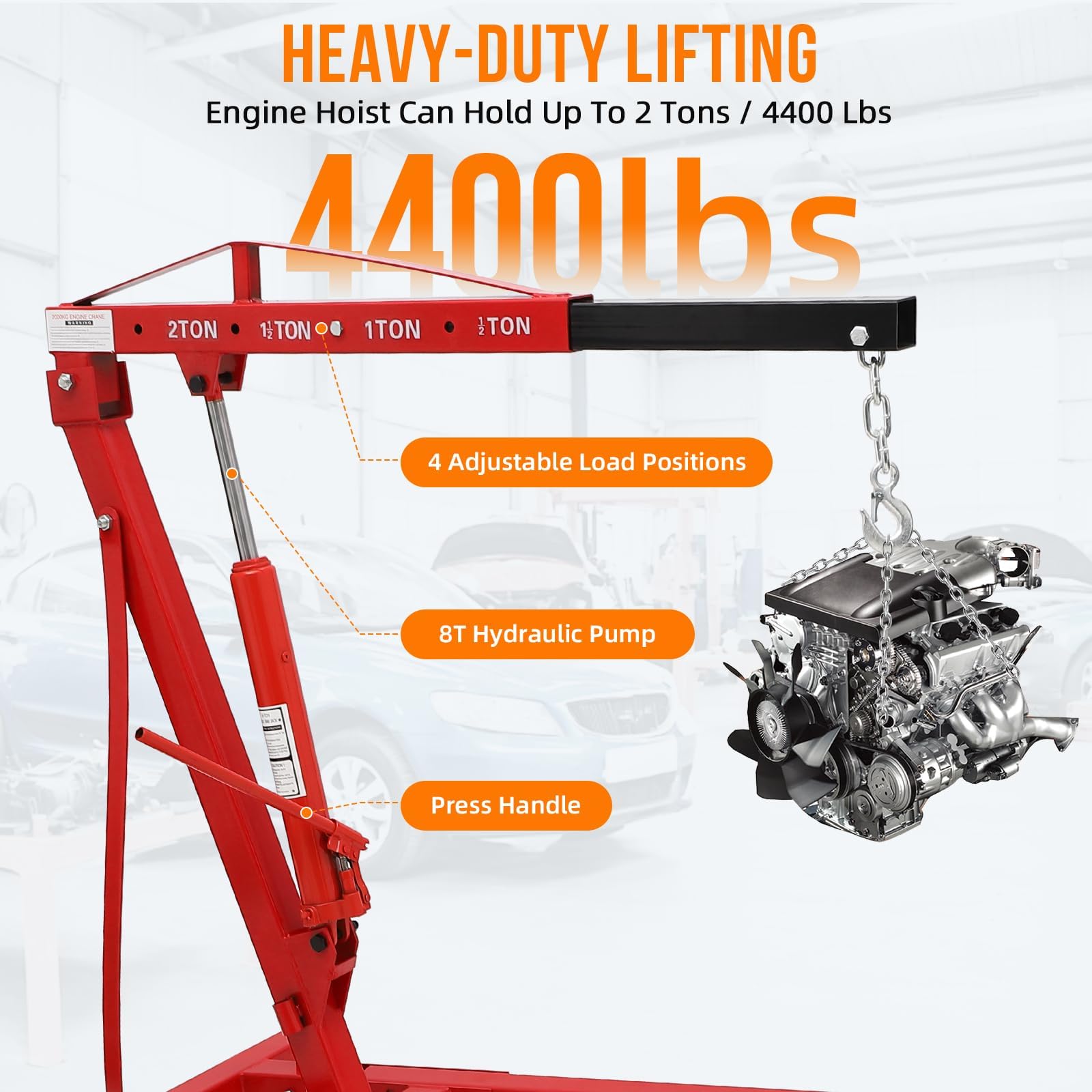 Garvee Cherry Picker Engine Hoist Folding Engine Crane 2 Ton 4400lb Heavy Duty Hydraulic Shop Crane With 6 Casters Telescopic Boom Hitch