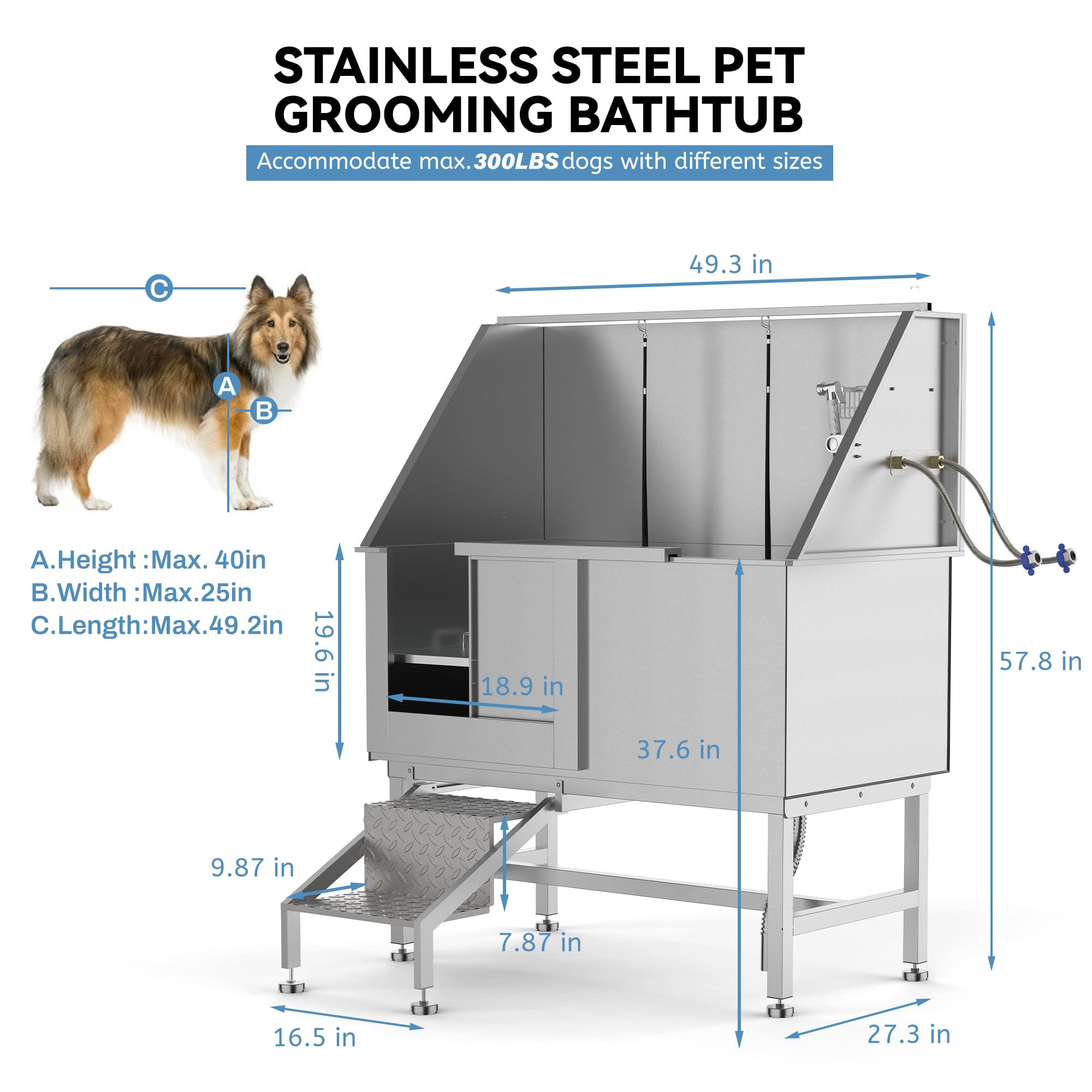 Garvee 50" Dog Washing Station, Professional Stainless Steel Pet Dog Grooming Bath Tub with Bathing Station & Stairs, Washing Sink for Home