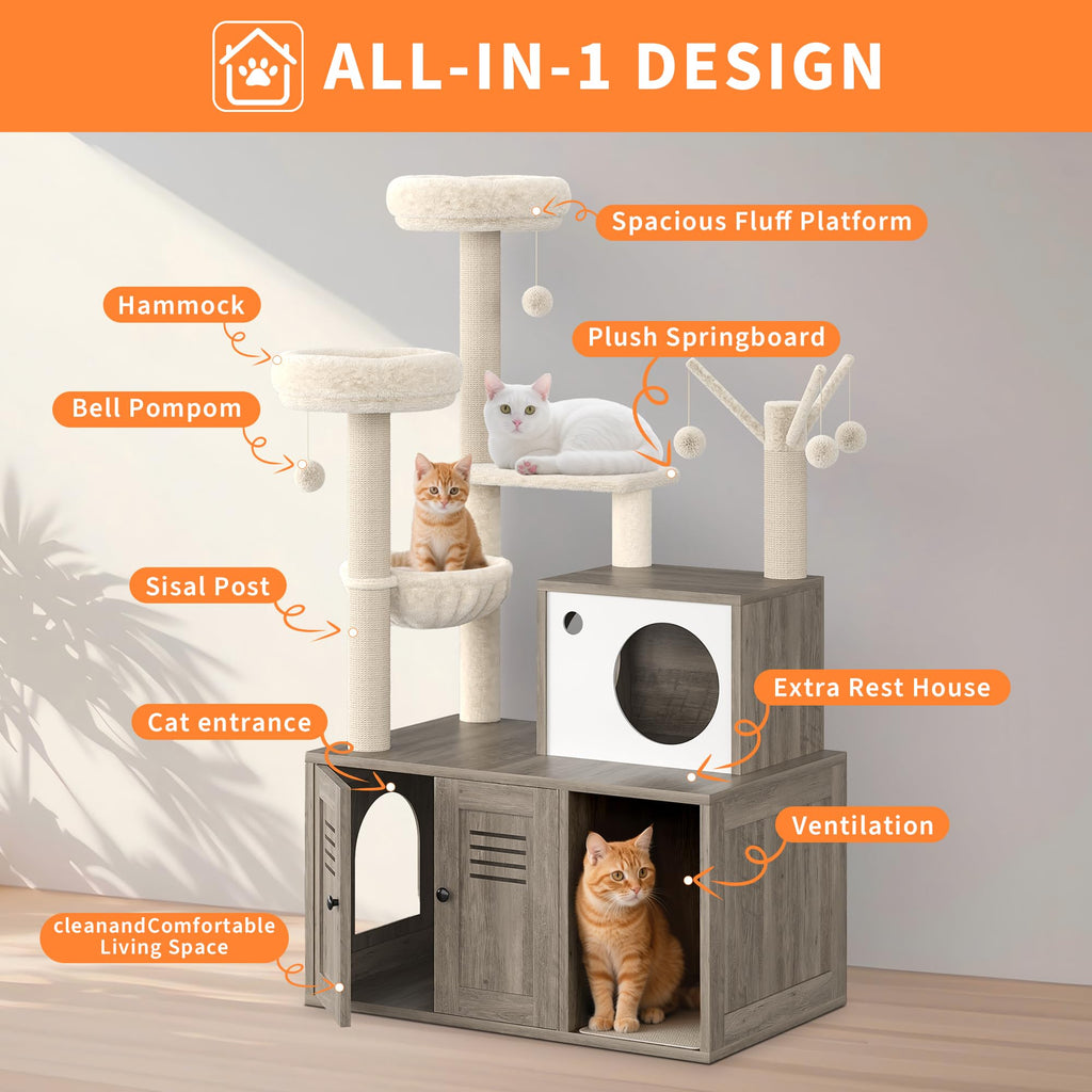 Garvee Cat Tree with Litter Box Enclosure, Sisal Scratching Post, Modern Wooden Cat Tower, Rustic Grey, 31.5''x18.9''