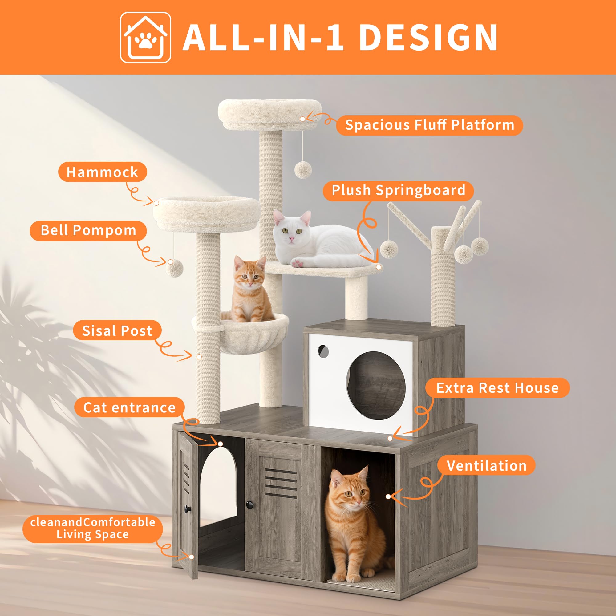 Garvee Cat Tree with Litter Box Enclosure, Sisal Scratching Post, Modern Wooden Cat Tower, Rustic Grey, 31.5''x18.9''