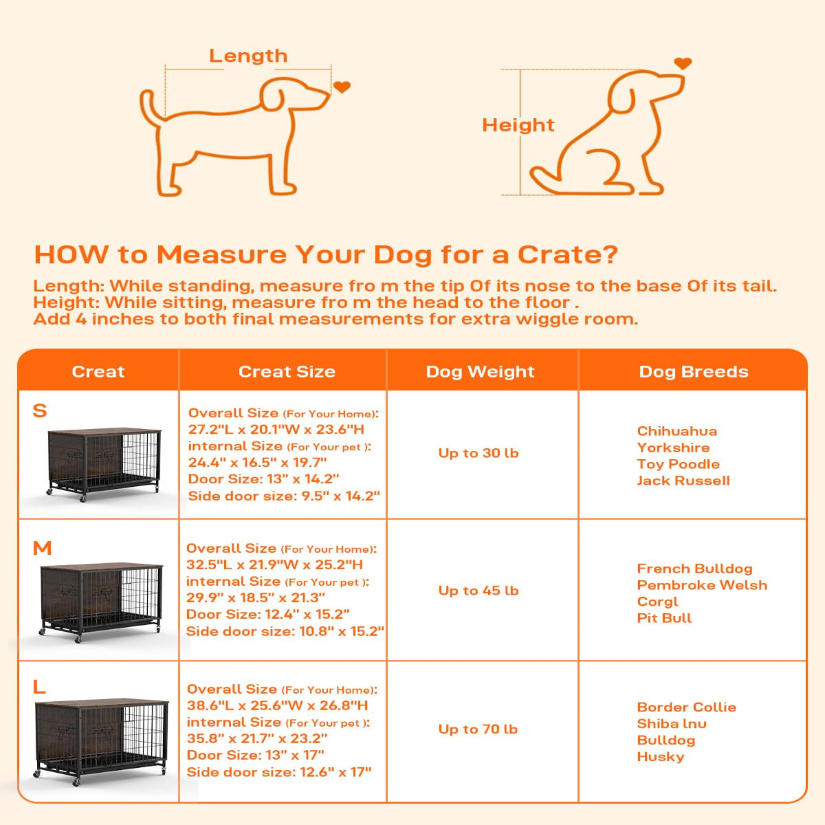 Garvee Dog Crate Furniture, Furniture Style Dog Crate with Removable Tray and Wheels, Heavy-Duty Double-Doors Dog Cage End Table, 27.2" Wooden Dog Kennel, Indoor Dog House, Brown