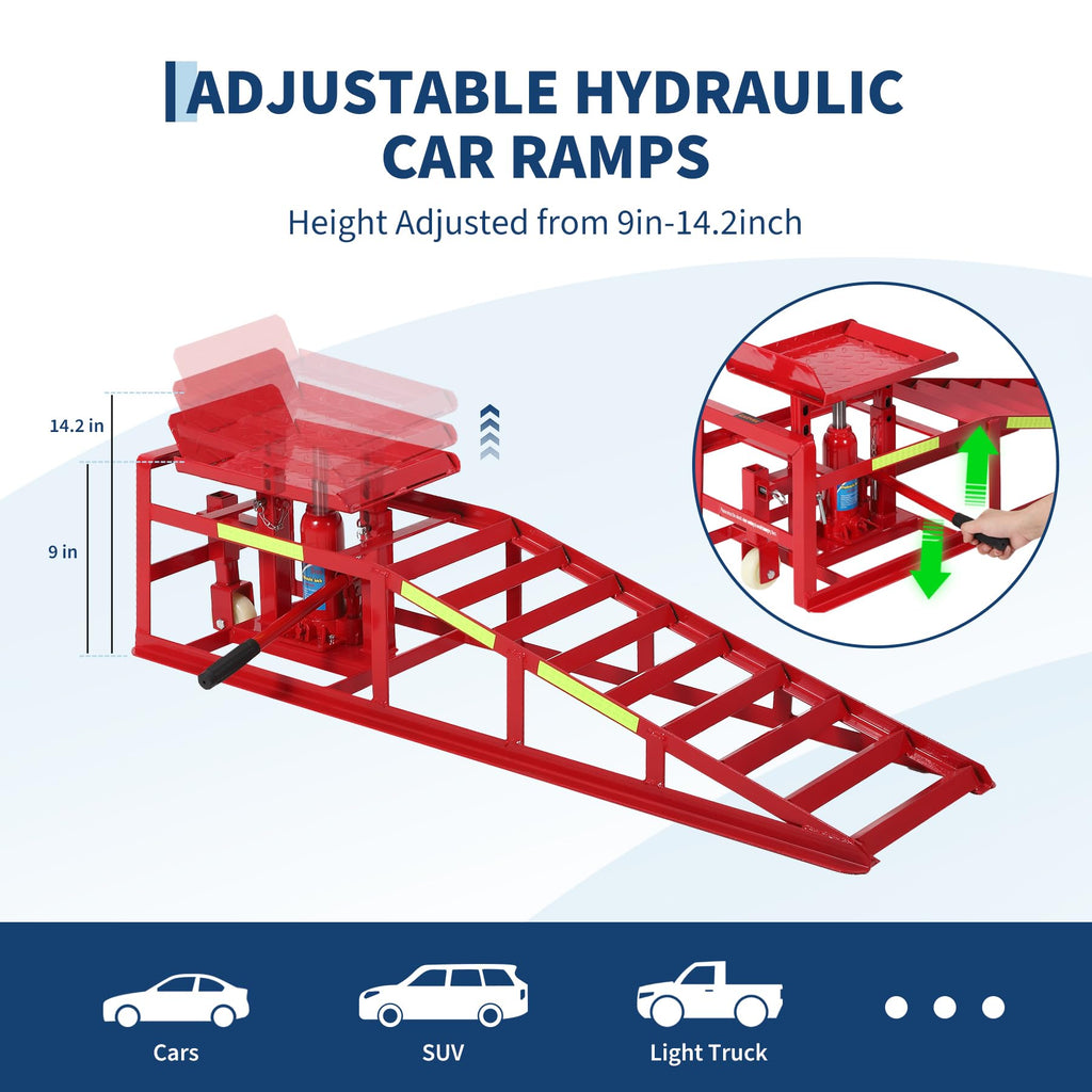 Garvee 2-Pack Hydraulic Car Ramps with Wheels and Reflective Stickers - 5-Ton (11,023 lbs) Capacity Ramps with Jacks for Home Garage Auto Repairs and Oil Changes, Red