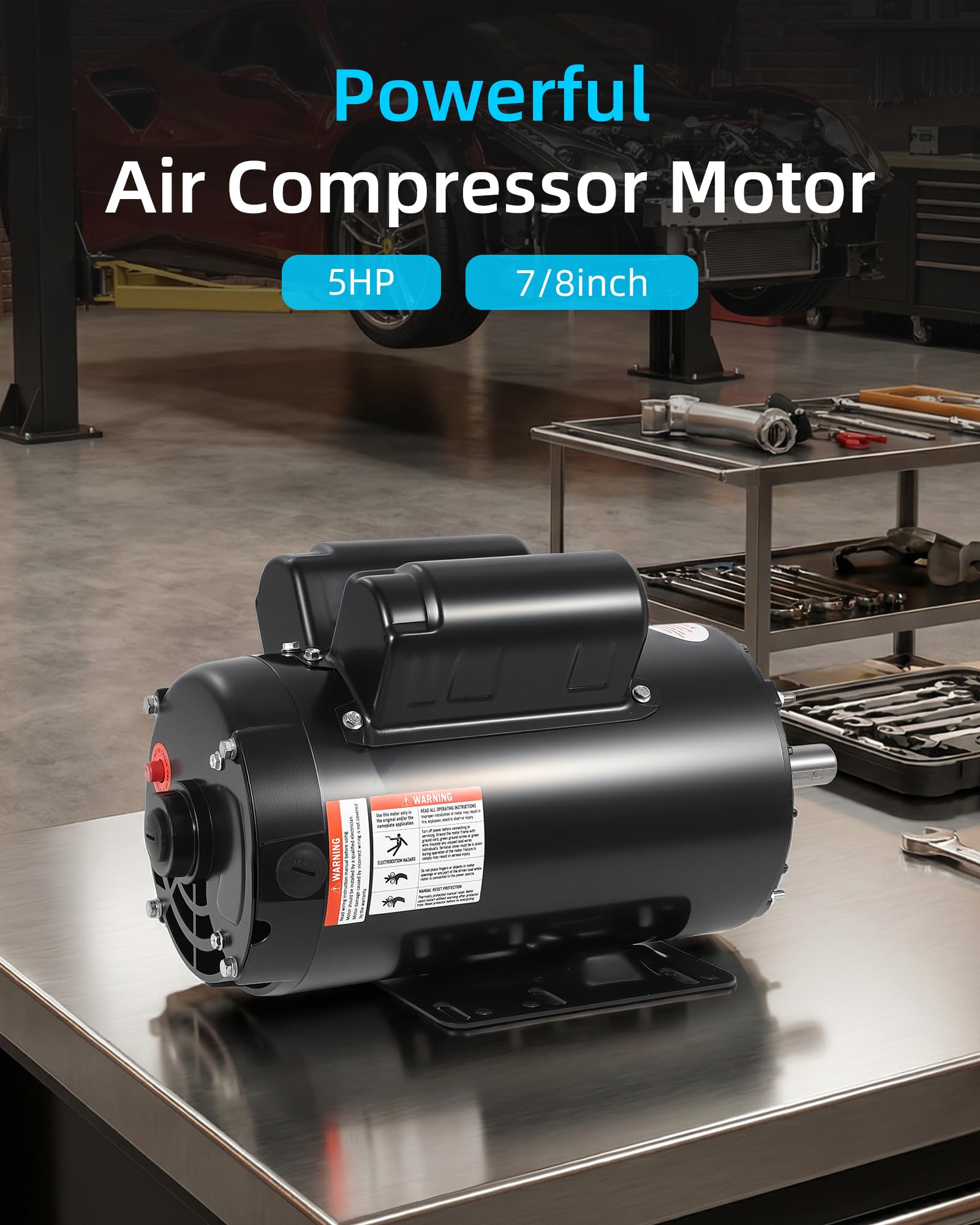 Garvee 5HP Air Compressor Motor 56C Frame Dual Rotation Steel Shell 7/8" Keyed Shaft 2.25" Length CW/CCW 230V General Purpose