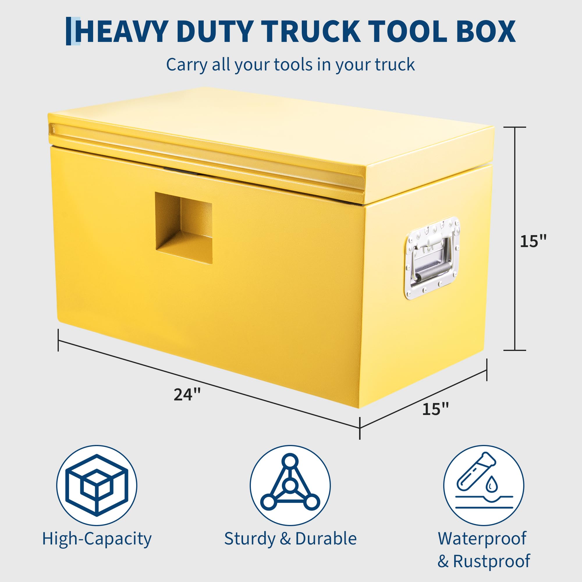 Garvee 24"X15"X15" Steel Truck Tool Box - Heavy-Duty, Dual Lids, Lockable, Weatherproof Storage for Pickup Truck Beds, RVs, and Trailers, Yellow