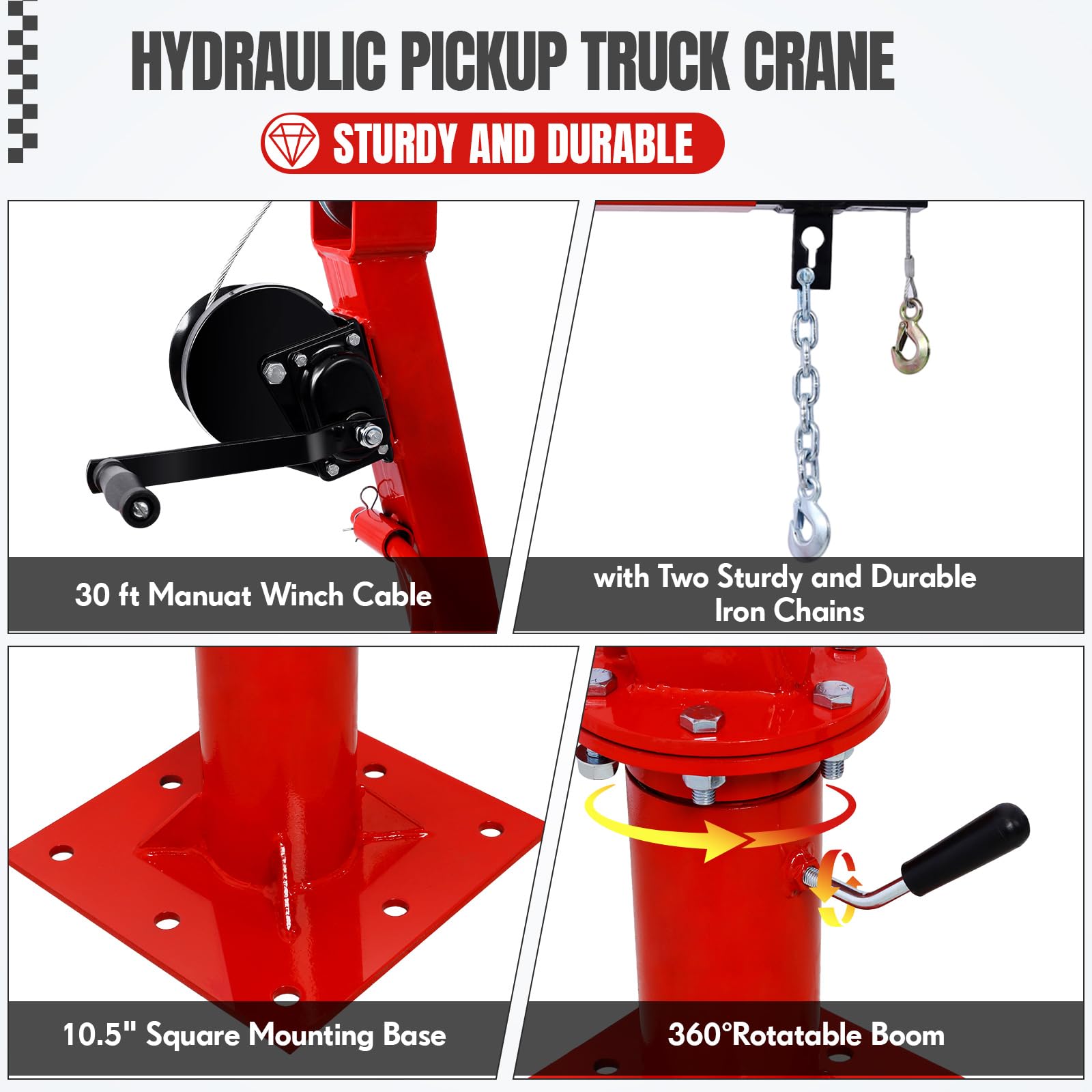 Garvee Pickup Truck Crane with Hand Winch, 2000 LBS Capacity, 360° Swivel, Folding Electric Winch, Red, Construction & Forestry Use