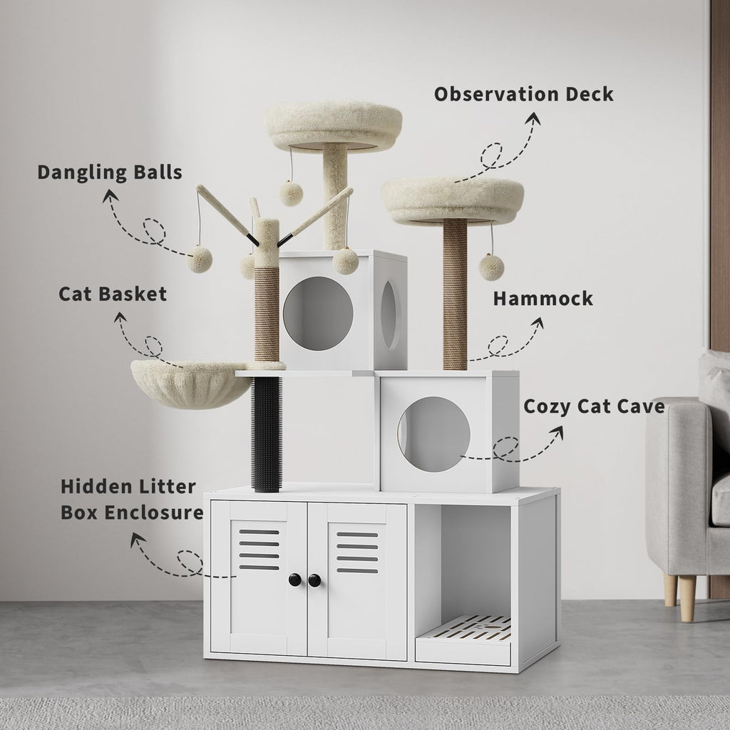 Garvee 54.3" Cat Tree Tower with Hidden Litter Box Enclosure, Modern 2-in-1 Cat Condo, Multi-Cat Homes, Greige & Beige