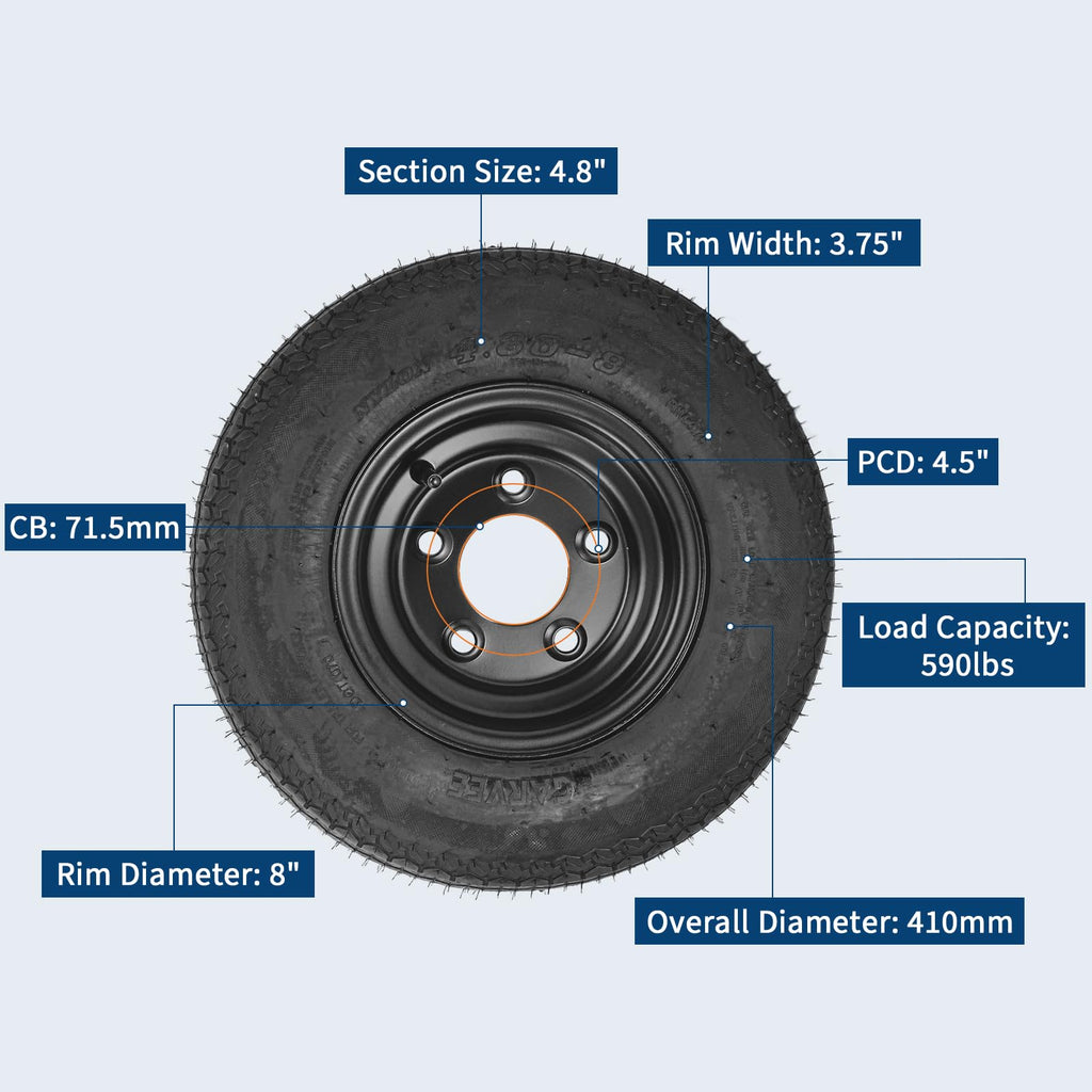Garvee 4.80-8 Trailer Tires with Rims, 2 Pack, Load Range C 6PLY, 8"x3.75" Black Wheels 5 Lug on 4.5", Max Load 590 LBS @ 60 PSI, Reinforced Nylon Design for Utility, Cargo & Boat Trailers