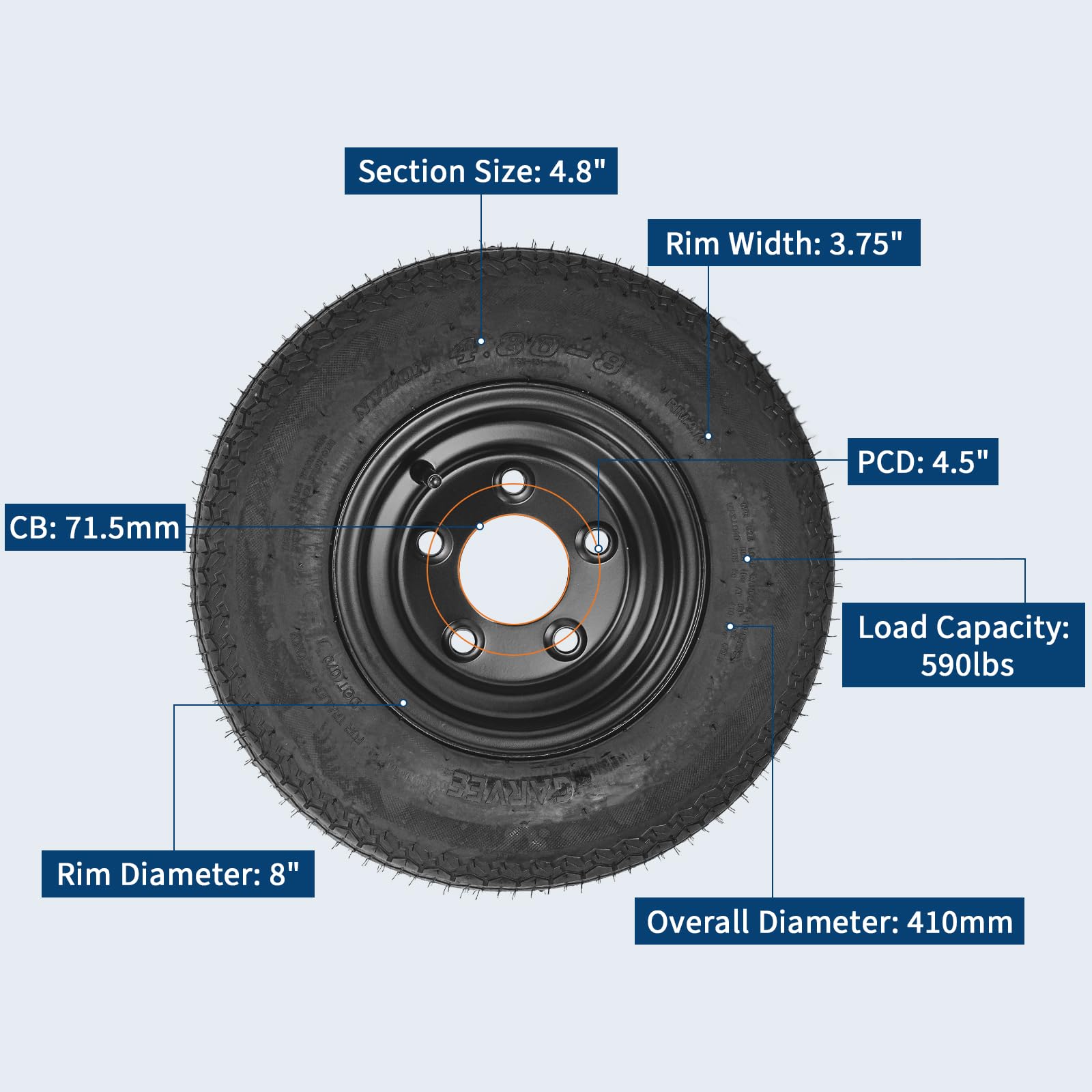 Garvee 4.80-8 Trailer Tires with Rims, 2 Pack, Load Range C 6PLY, 8"x3.75" Black Wheels 5 Lug on 4.5", Max Load 590 LBS @ 60 PSI, Reinforced Nylon Design for Utility, Cargo & Boat Trailers
