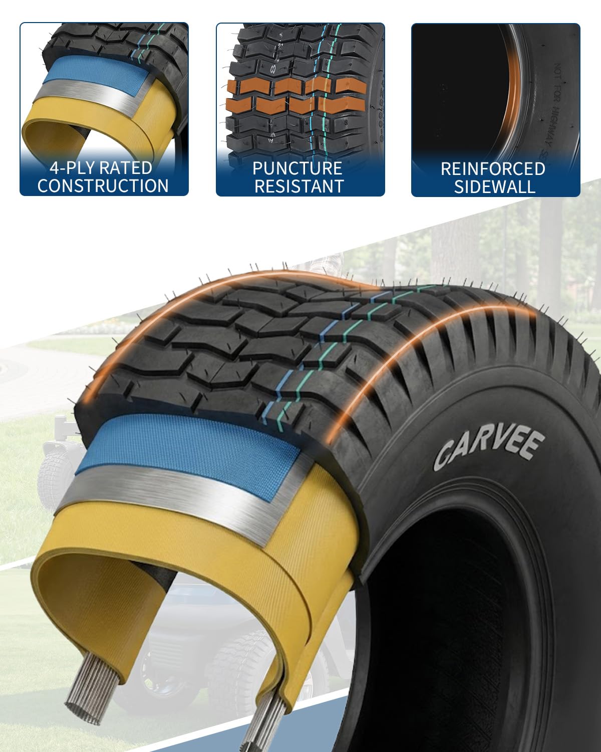 Garvee 2 Pack 15x6.00-6 Lawn Mower Tire V Pattern Tubeless For Lawn & Garden Mowers 15x6-6 4PR Black