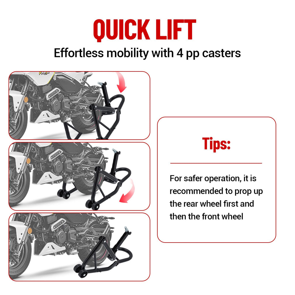 Garvee Motorcycle Rear Stand – 850 lbs Heavy-Duty Swingarm Spool Lift, U-Fork Design – Universal Fit for Most Bikes, Black