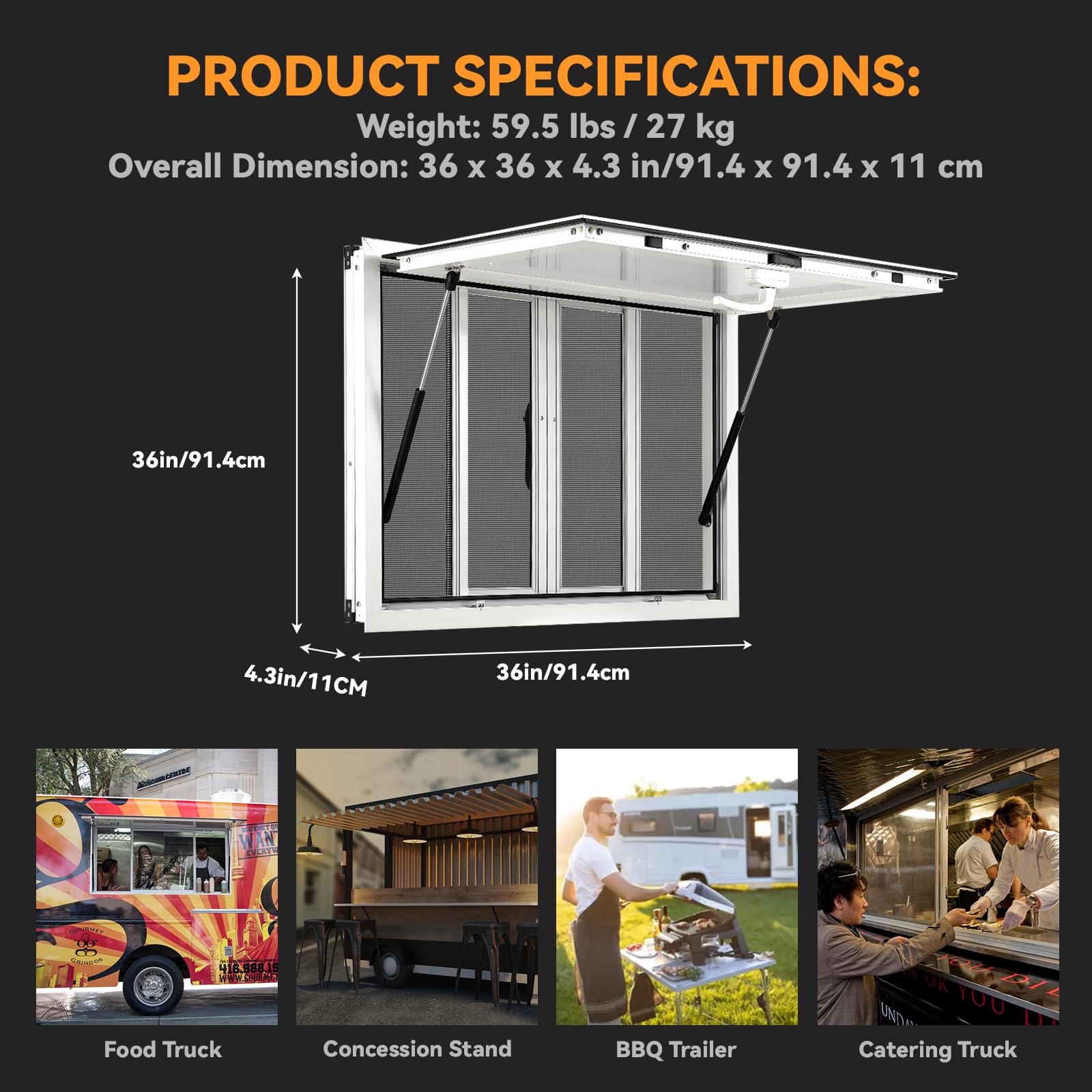Garvee Concession Window, 36" x 36" Aluminum Alloy Concession Stand Serving Window Door with 4 Horizontal Sliding Screen Windows & Awning Door & Drag Hook, Serving Window for Food Trucks Concession Trailers