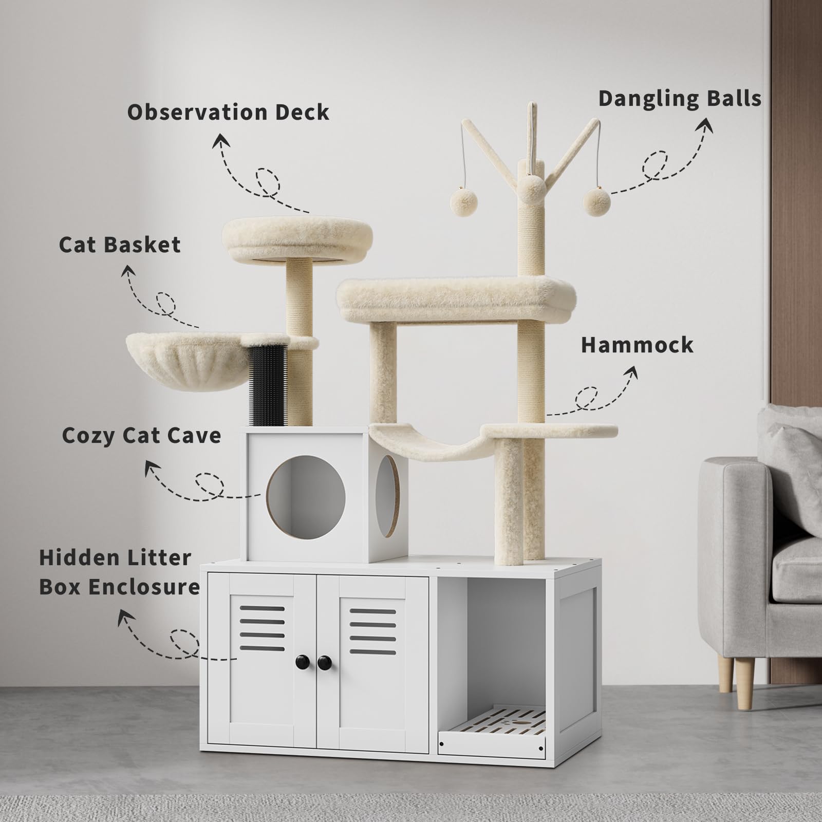Garvee 55.1-Inch Cat Tree with Litter Box Enclosure 2-in-1 Modern Cat Tower White, Wooden Hidden Litter Box Furniture, Cat Condo, Hammock, Scratching Post