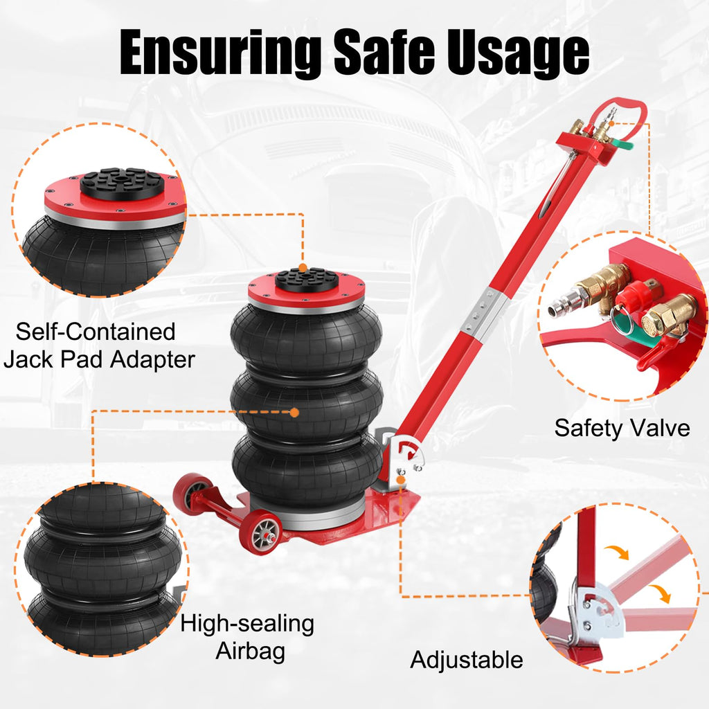 Garvee Portable Pneumatic Jack 3T/6600lbs Triple Bag Air Jack Fast Lifting Pneumatic Car Repair with Long Hand, Lifting Height Up to 15.75 Inch（Red）