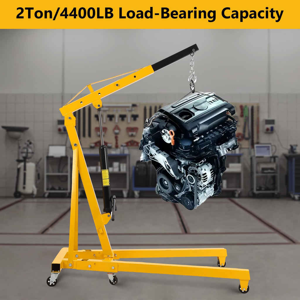 Garvee 4000LB Folding Engine Crane Engine Hoist Cherry Picker 2Ton Ship Crane Heavy Duty Steel Lift Garage Workshop Auto Repair Foldable Stand 6 Caster - Yellow