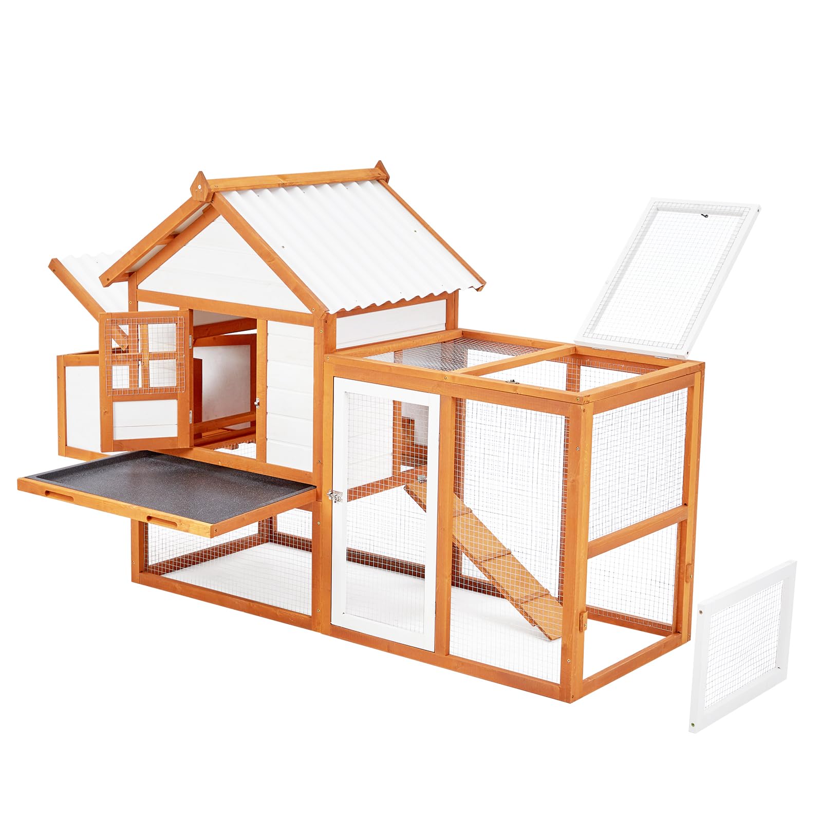 Garvee Outdoor Chicken Coop Wooden Hen House with Run, Poultry Cage w/Ramps, Nesting Box, 4 Access Areas, Wire Fence, Removable Bottom for Easy Cleaning