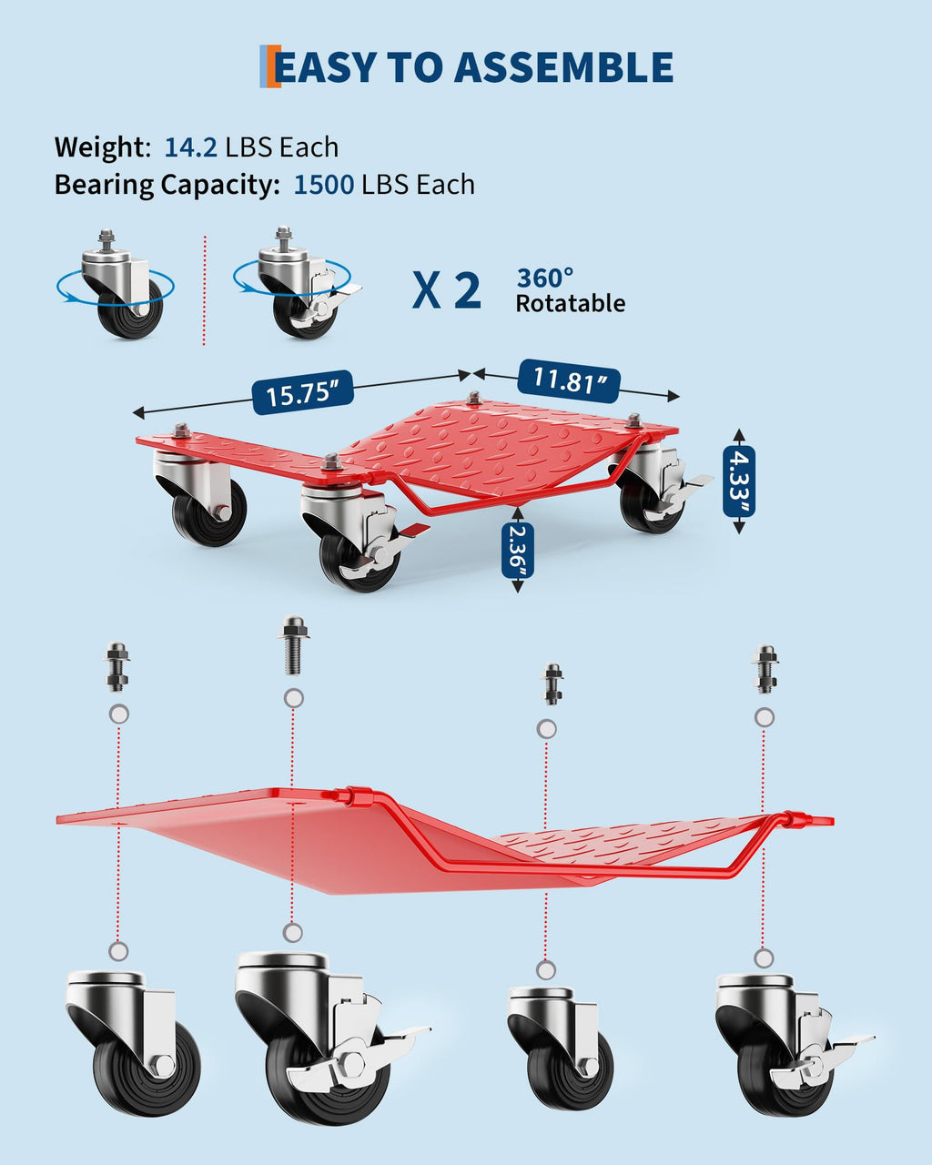 Garvee Car Wheel Dolly Set of 2 Heavy Duty Vehicle Mover Dolly with Brakes for Cars Trucks Trailers Motorcycles, 3000LBS Capacity, Red