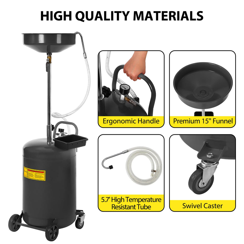 Garvee 20 Gallon Waste Oil Drain Tank - Portable Air-Operated Oil Drainer with Adjustable Funnel Height, 15'' Premium Bowl, Wheels, and Toolbox for Fluid Fuel Transfer and Drainage, Black