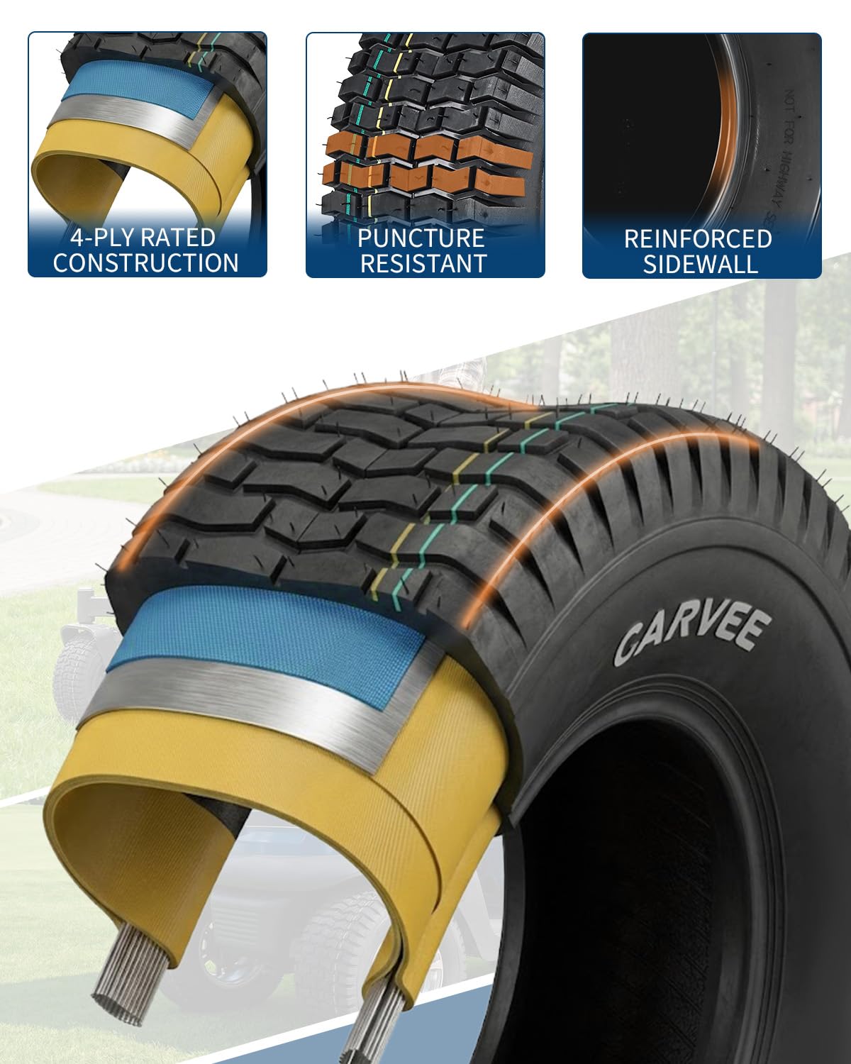 Garvee 2 Pack 16x6.50-8 Lawn Mower Tire V Pattern 4PR Tubeless Turf Tire for Lawn & Garden Mowers Utility Vehicles Black