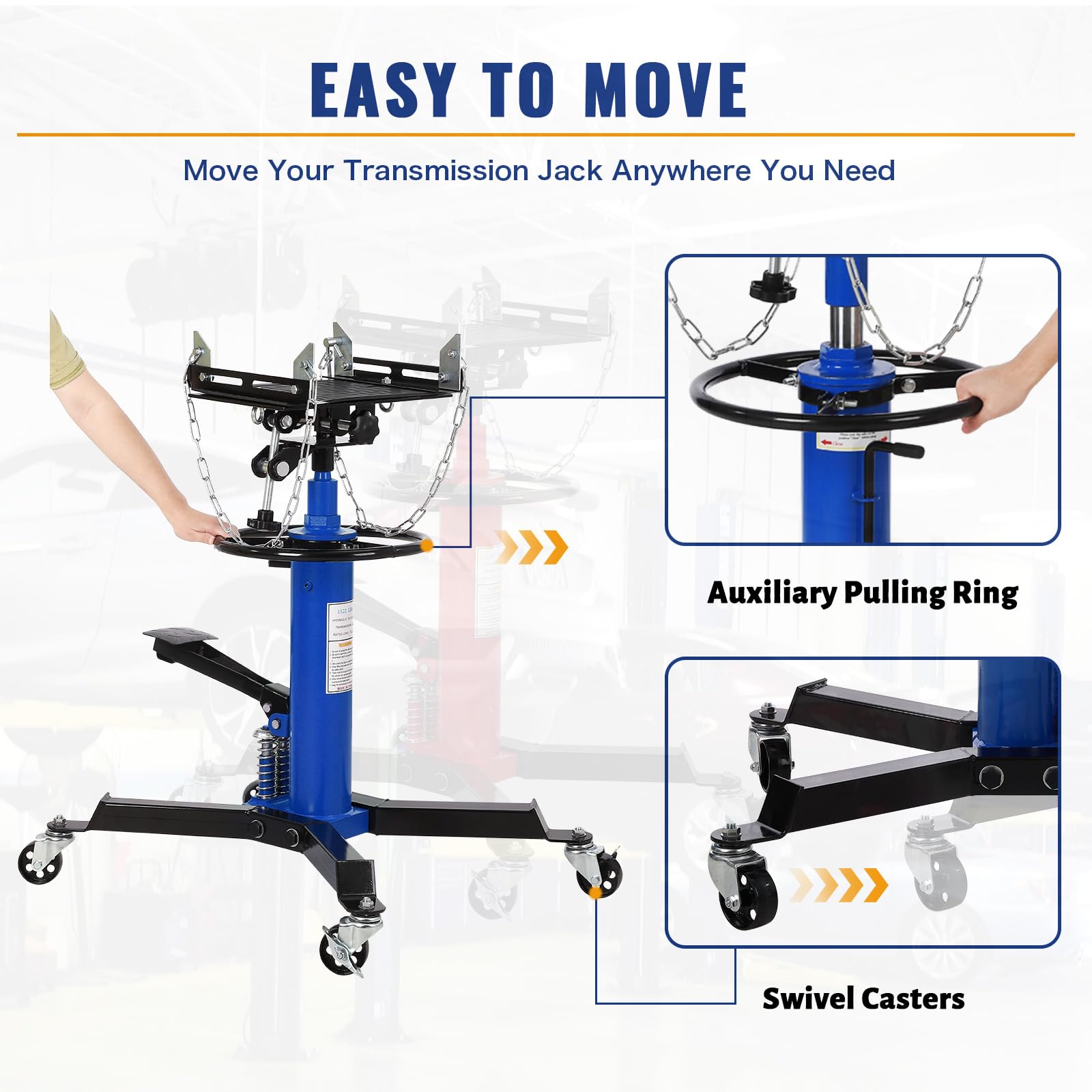Garvee 1322lbs Transmission Jack Lift, 2-Stage Telescoping Hydraulic Transmission Jack with Anti-Slip Rubber Pad & Pedal, Dual-Column High Lift Hoist, 33.8"–72.8" Adjustable Height, Heavy Duty Garage Tool
